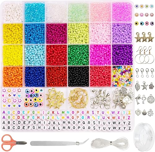 Lixiin Juego de 9000 cuentas de cristal de 0.118 pulgadas para hacer pulseras de joyería, juego de cuentas de 24 colores, kit de manualidades y