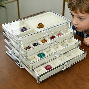 Small Rock Display Case for Geologists: 4-Drawer 72-Grid Collection Box