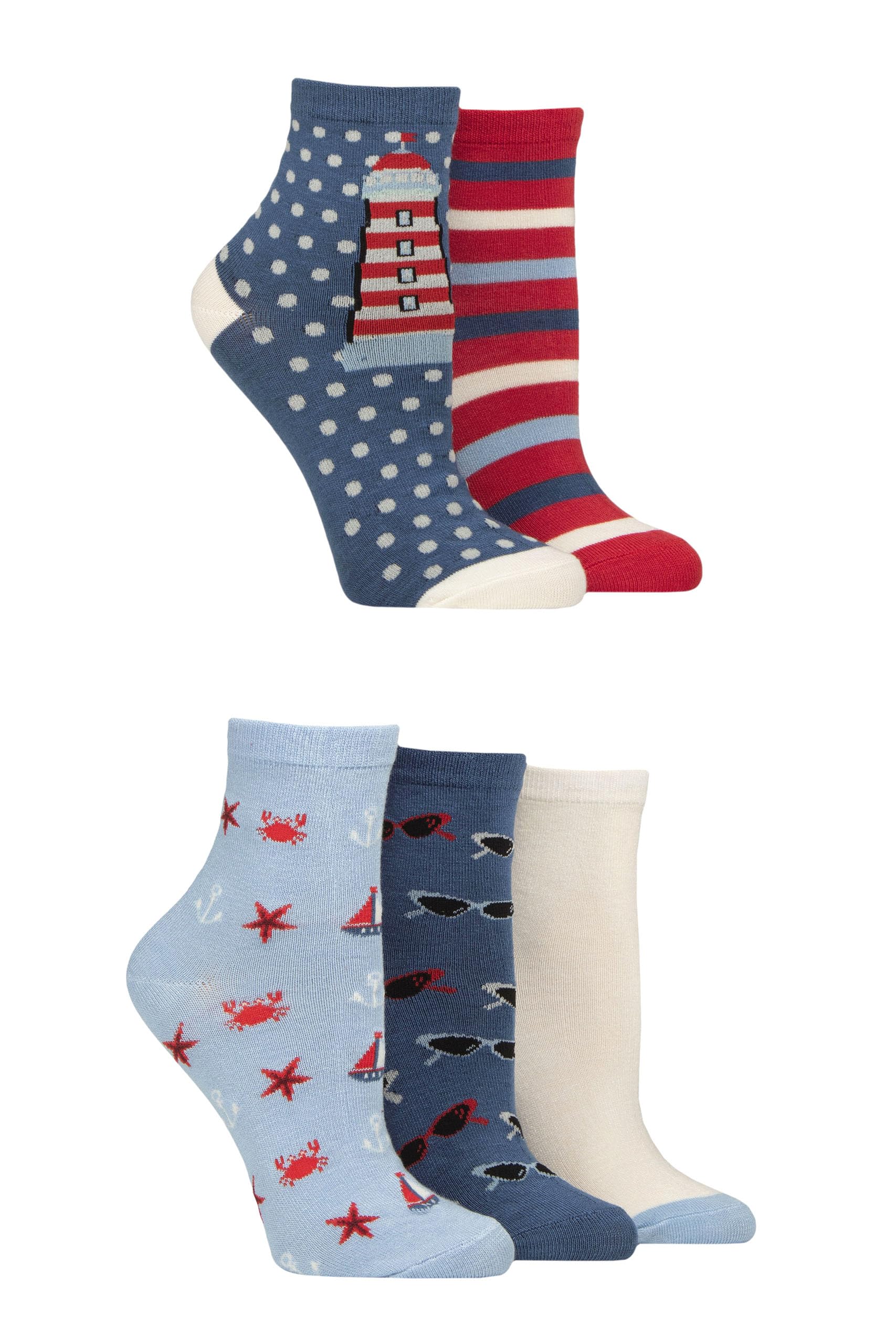 SockShop Women's Bamboo Ankle Socks - Ankle High, Anklet, Soft, Cooling, Breathable, Plain and Patterned, 5 Pair Multipack Size 4-8 Nautical
