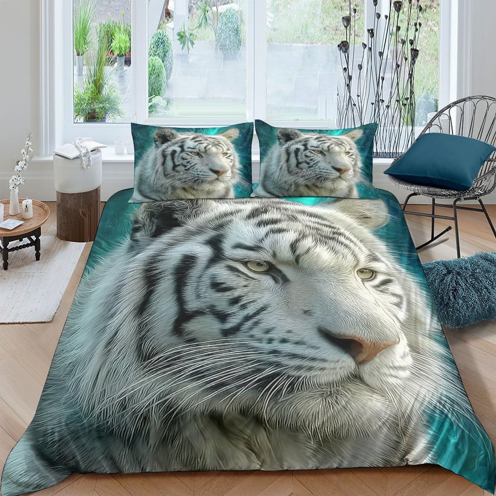 Ctjqhvkz Style-8 3D Printed White Tiger Fitted Sheet Microfiber Soft Breathable Blue Jungle Mattress Cover For Bedroom Dorm Mattress Decor Single（135X200cm）