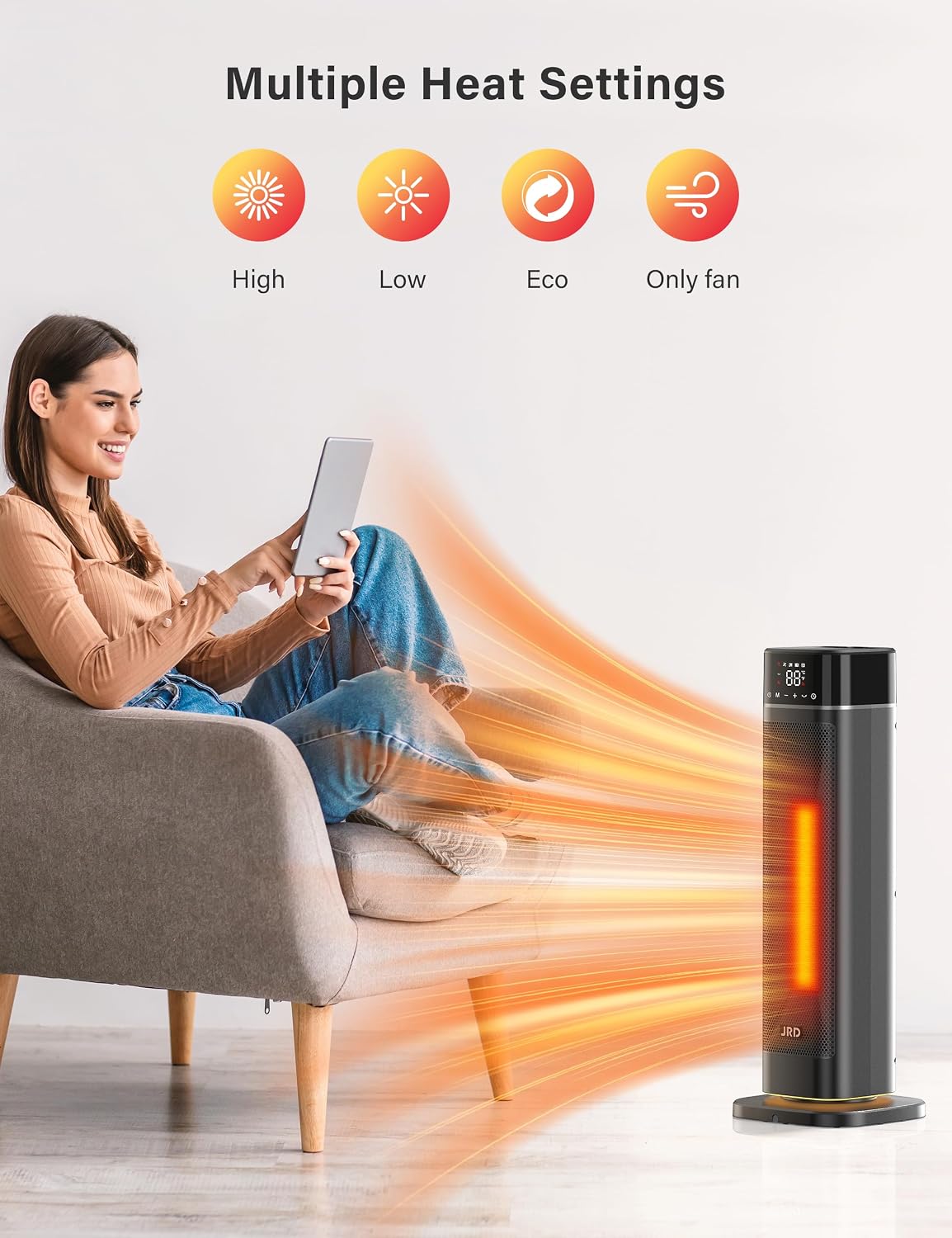 24 Space Heater Indoor, JRD Fast Portable Room Heater with Remote, Night Light, 80° Oscillation,4 Mode, Overheat&Tip-Over Protection, Electric Heaters for Large Room, Bedroom