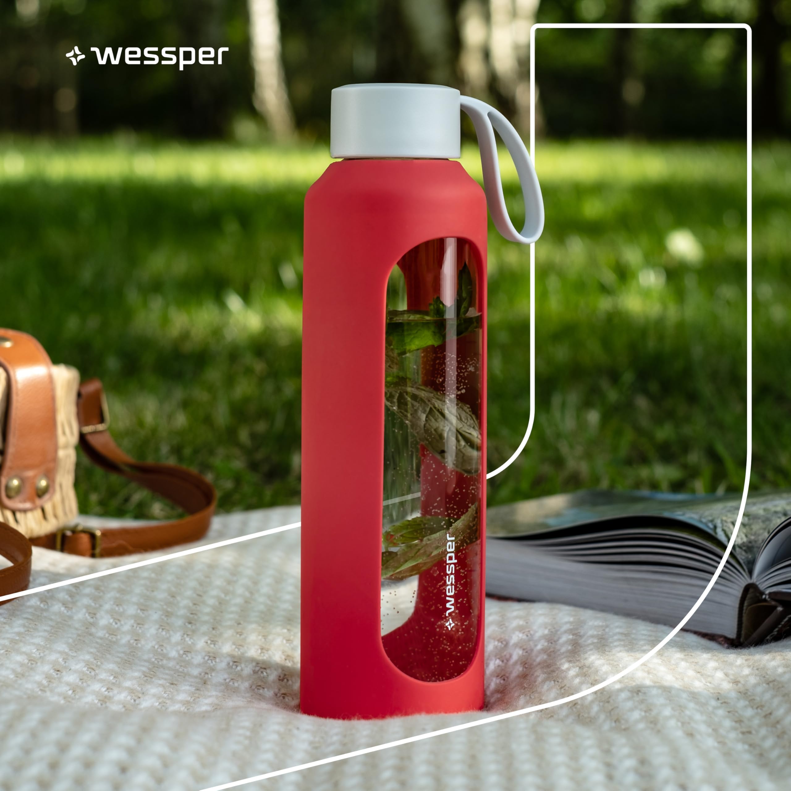 Borraccia Wessper in vetro con guaina in silicone, borraccia con