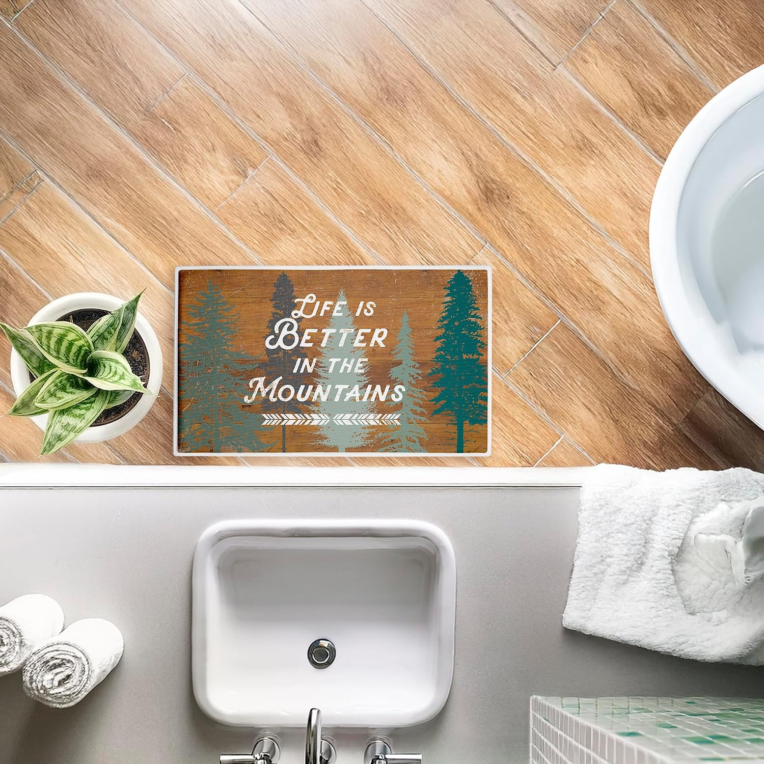 Retro Rustic Better in Mountains Plush Bathroom Mat & Bath Rug, Soft Quick-Dry Non-Slip Bathroom Rug with Recycled Foam Cushion, Rustic Mountain Cabin Sentiment Design by Lula Bijoux & co., 18"x30"