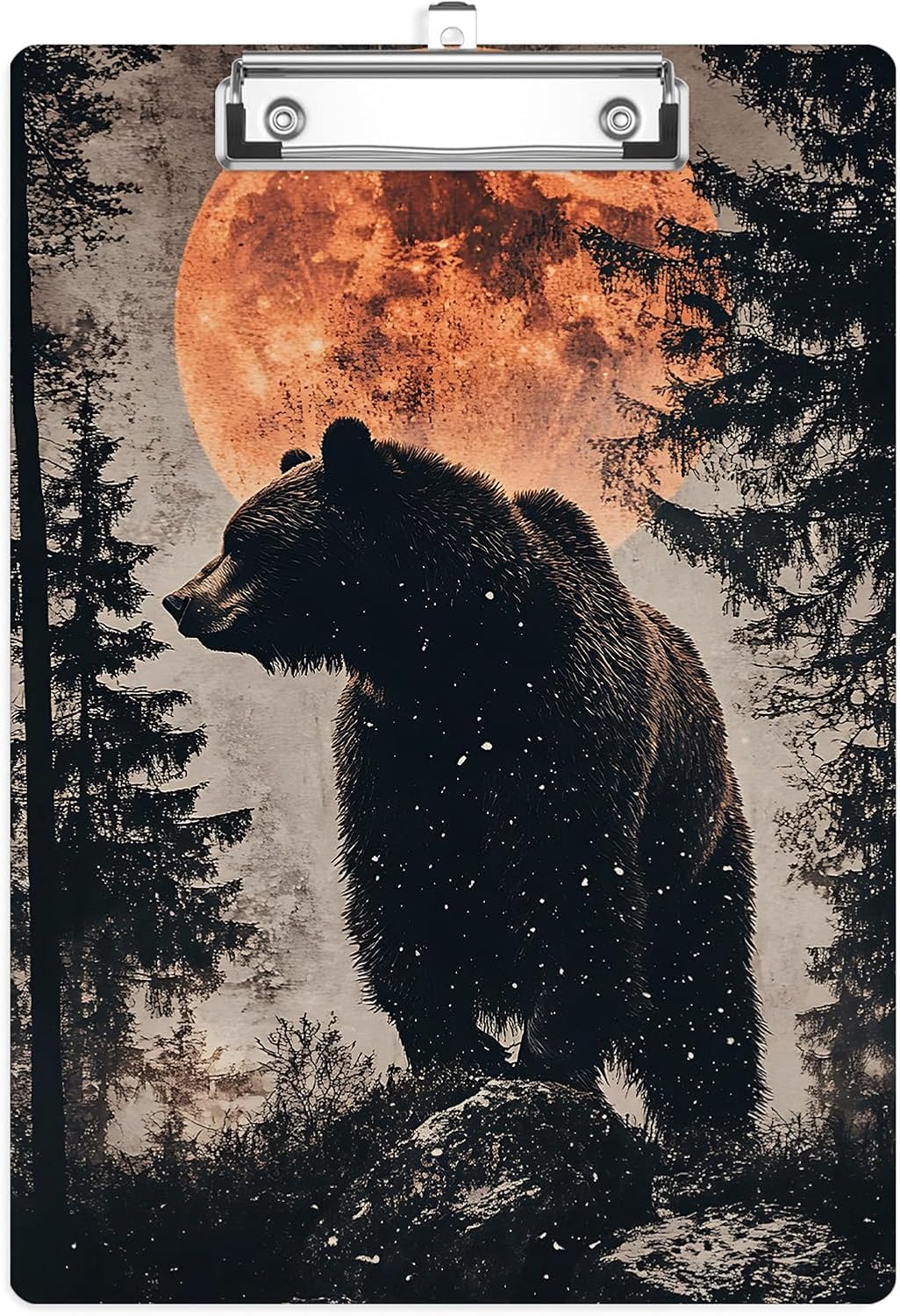 Vintage Rustic Bear Forest Clipboard Low Profile Metal Clip Acrylic Clip Boards A4 Letter Size for Nurses Teachers Social Worker Office 8.5X 12.5 in