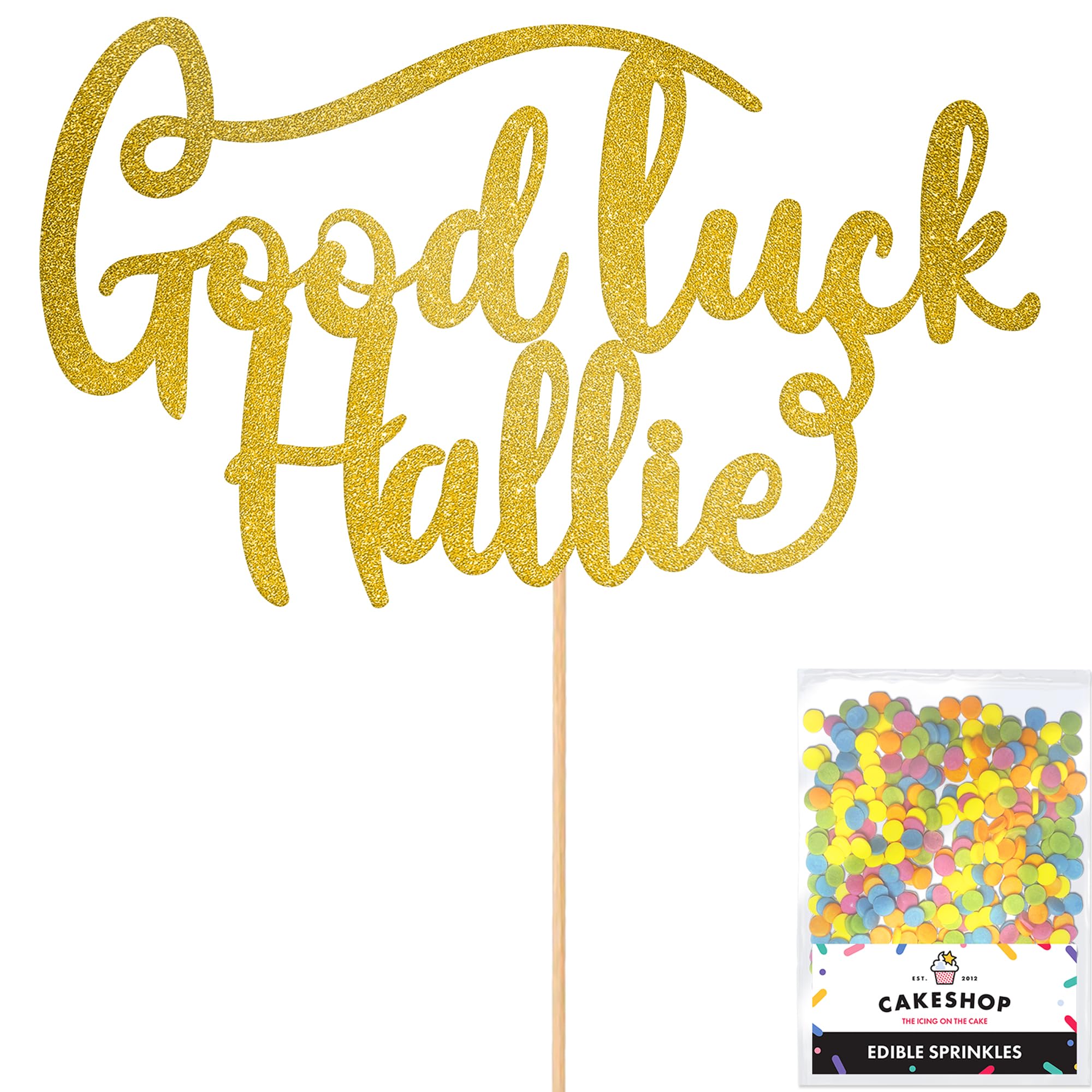 Cakeshop Personalised Good Luck Glitter Cake Topper With Sprinkles - Gold Custom Colour - Any Name - Double-Sided Glitter Card Cake Decoration - Custom Toppers for Cakes — image 1