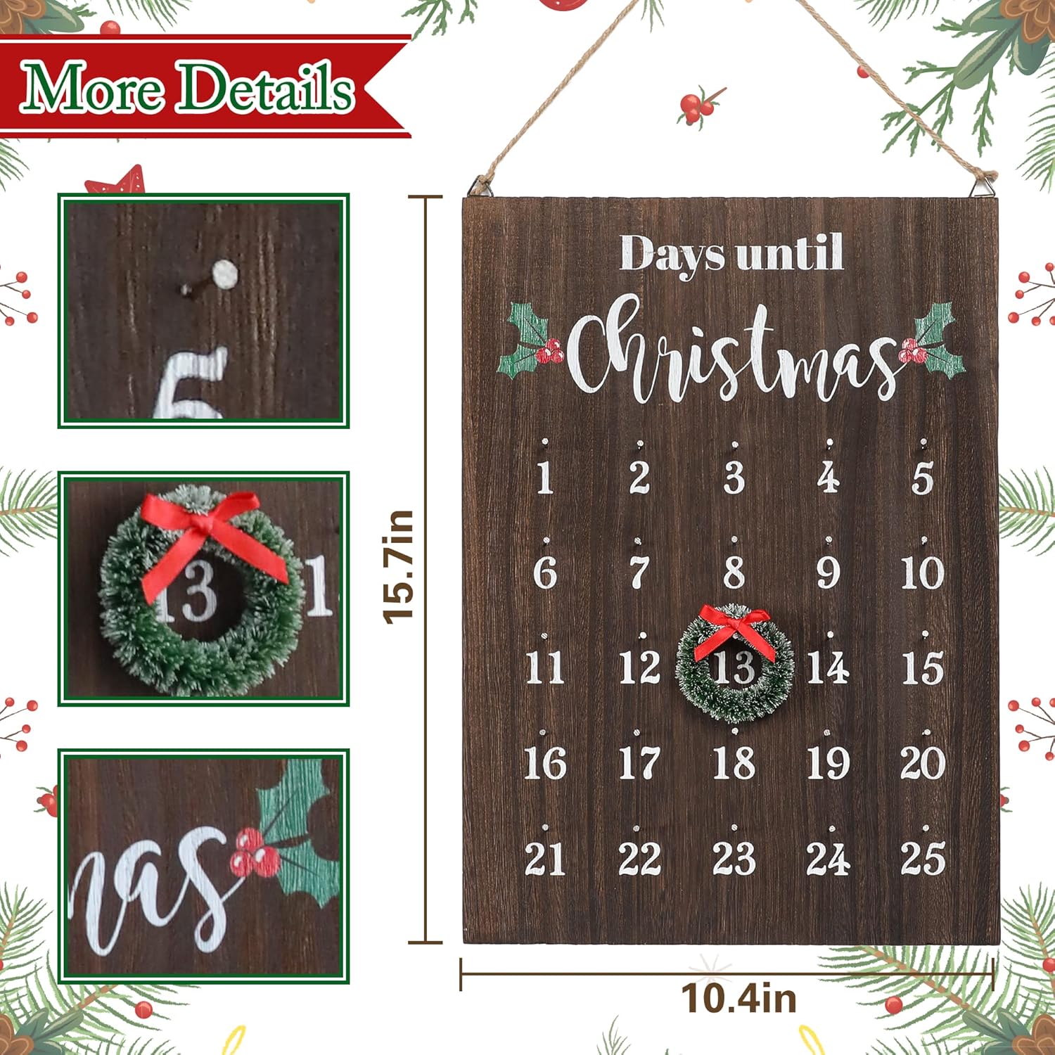 Christmas Countdown Calendar, Farmhouse Christmas Wreath Calendar, Vintage Advance Count Down to Christmas Sign, Xmas Wooden Hanging Decor for Wall Holiday (Brown)