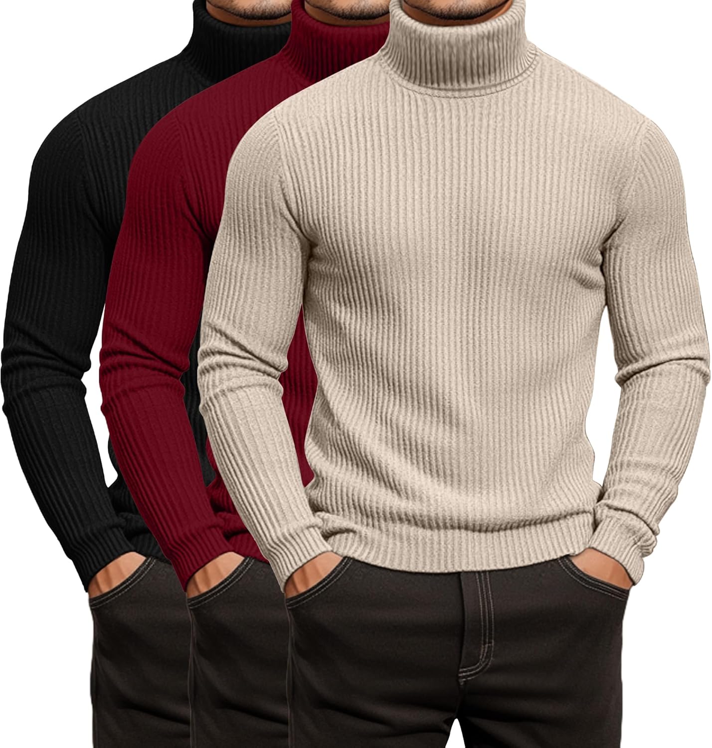 3 Pack Men's Ribbed Turtleneck Shirts, Long Sleeve Mock Neck Lightweight Pullover Sweaters Knit Base Layer Tee Tops