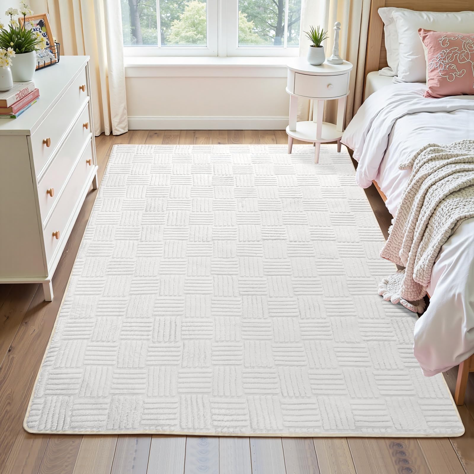 Flagover 3x5 White Washable Shag Area Rug for Girls Bedroom, Modern Geometric Non Slip Living Room Rugs, Soft Carpet for Kids Room, Dorm, Office,