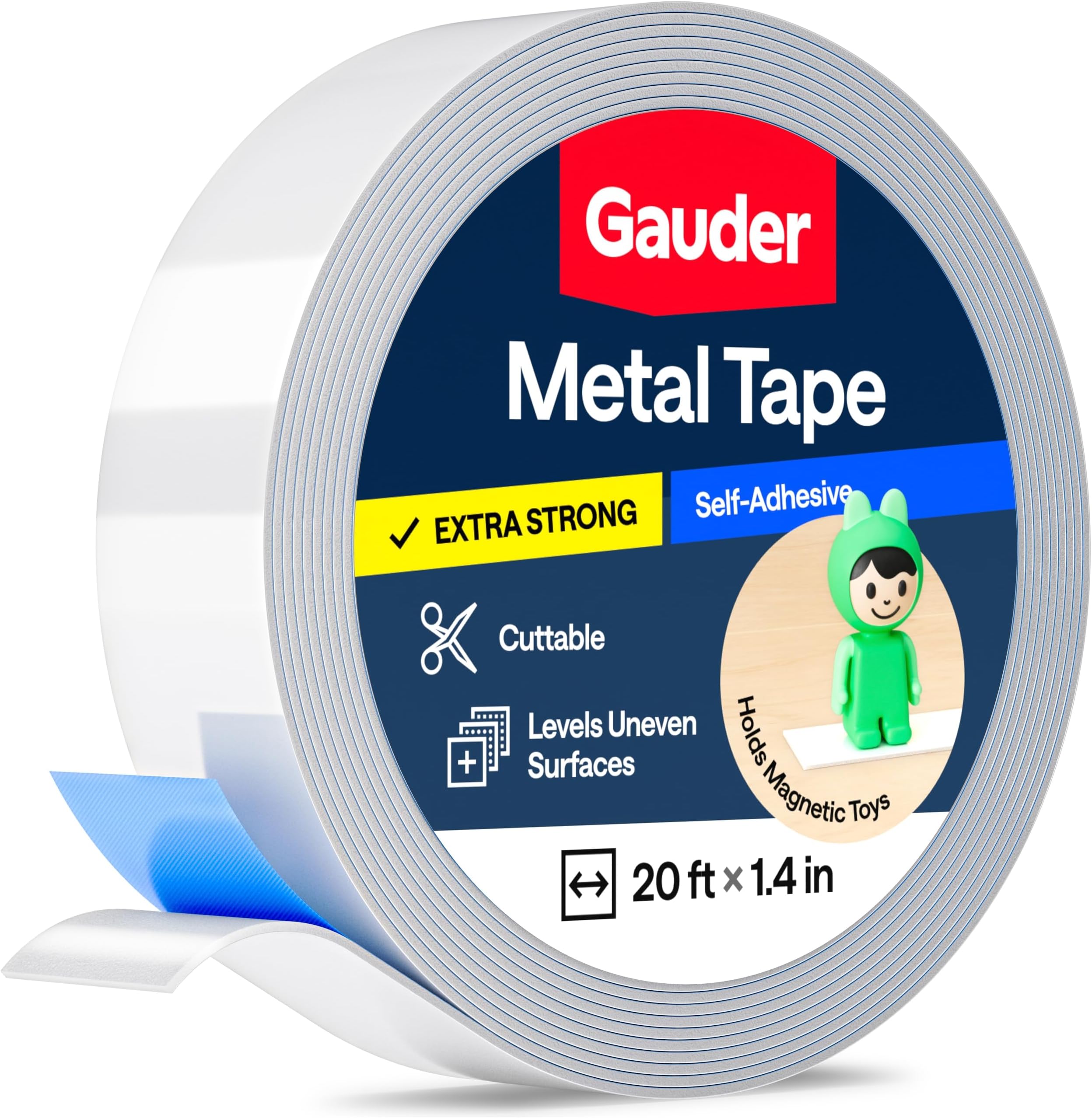GAUDER Self-Adhesive Metal Tape - Ideal for Tonie Figures & Shelves - Holding Surface for Magnets - Ferrous Tape with Foam Adhesive - Thin Metal Steel Strip (20 ft x 1.4 in)