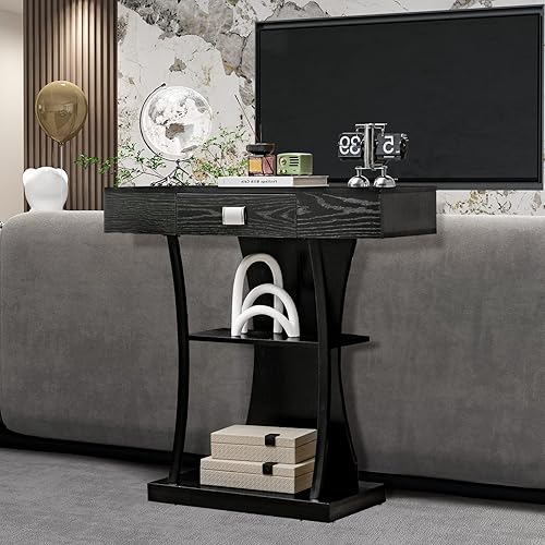 Miniatura 9 de Giantex Mesa de consola estrecha en forma de T detrás de la mesa del sofá con cajón estantes kits dobles antivuelco mesa de vestíbulo moderna mesa
