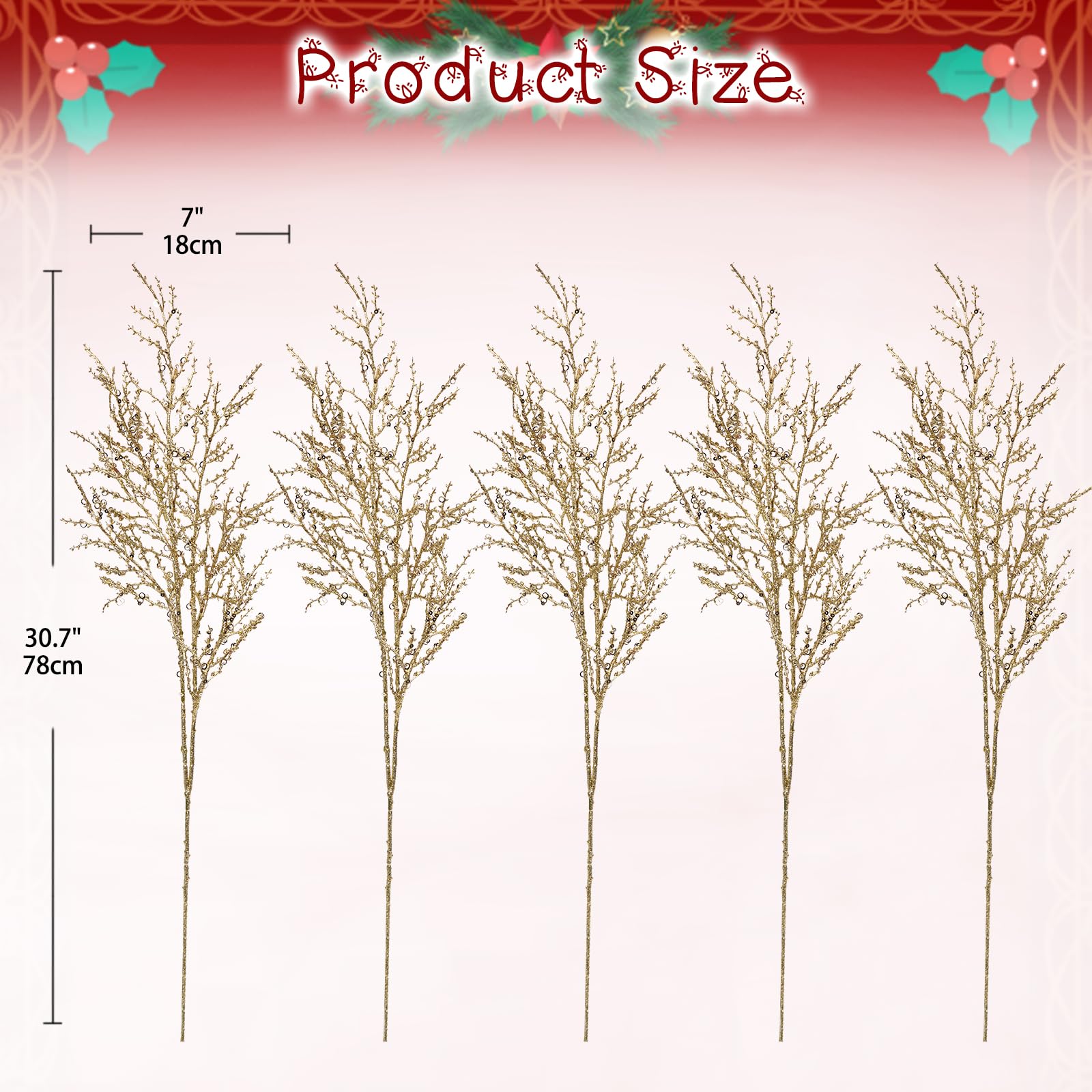 Hollyone 5PCS Glittery Christmas Branches with Sequins, Champagne Gold Arificial Plant with Long Stems - Image 2