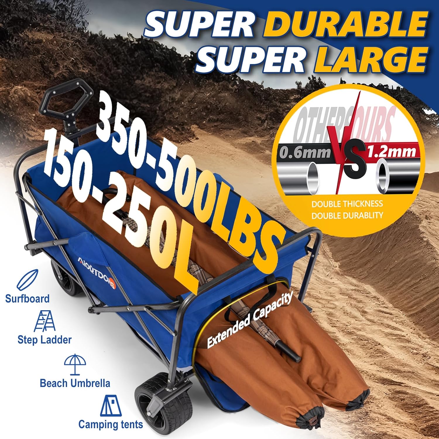 WVX Heavy Duty 500lbs Capacity Collapsible Wagon - Beach Wagon with Big All-Terrain Wheels for Sand - Beach Cart with Rebound Handle  Drink Holders - Utility Wagon Cart for Garden Camping Outdoor