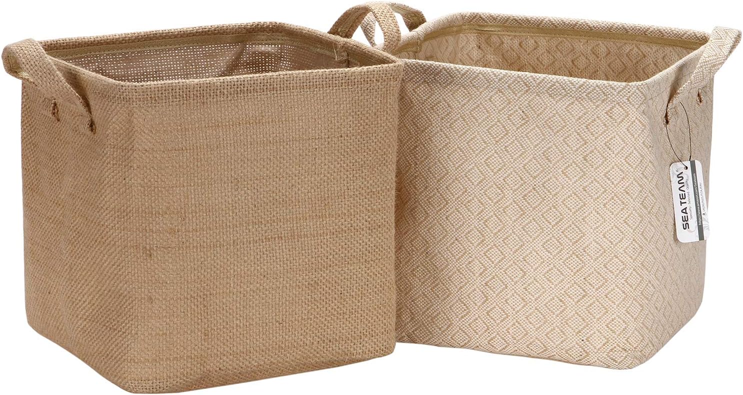 Sea Team Storage Baskets Organizer Box Bins in Jute and Cotton Linen Foldable with Handle Decorative for Home Toiletry Stationery Sundries Toys 10.24 x 10.24 x 10.24 inches 2PCS (Large, Color E)