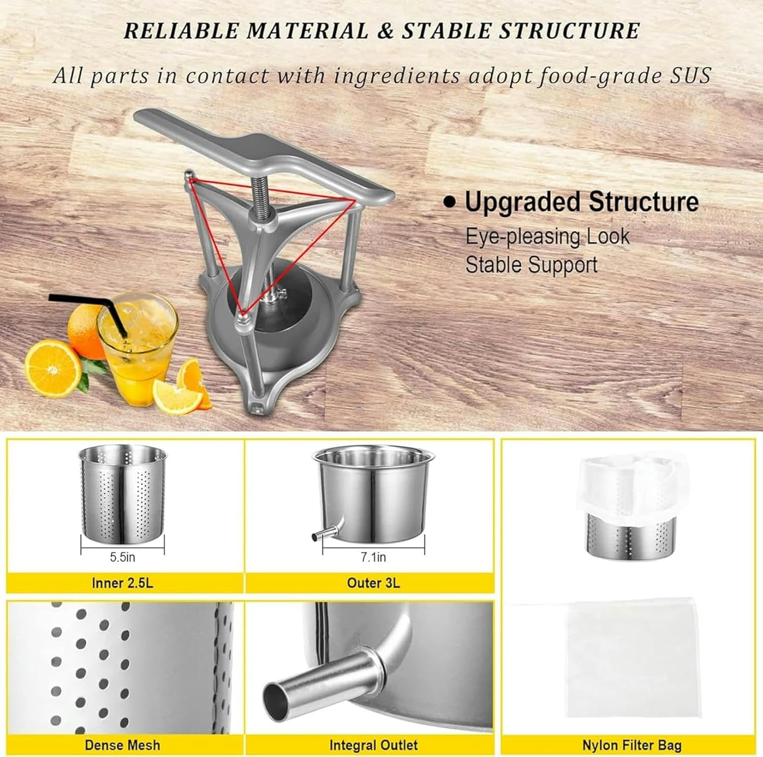 3L Stainless Steel Manual Fruit Wine Press Household Cider Vegetables Tincture Pressing Machine Kitchen~/