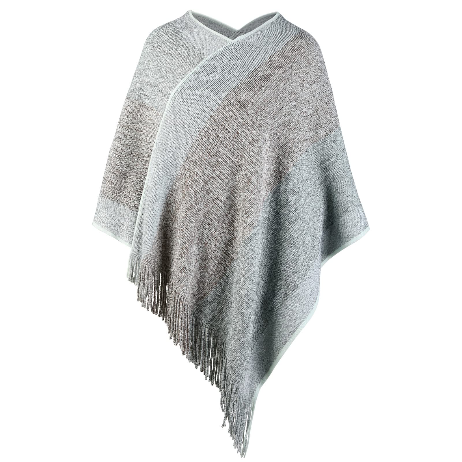 Women's Elegant Knitted Shawl Poncho with Fringed V-Neck Striped Sweater Pullover Cape Gifts for Women Mom