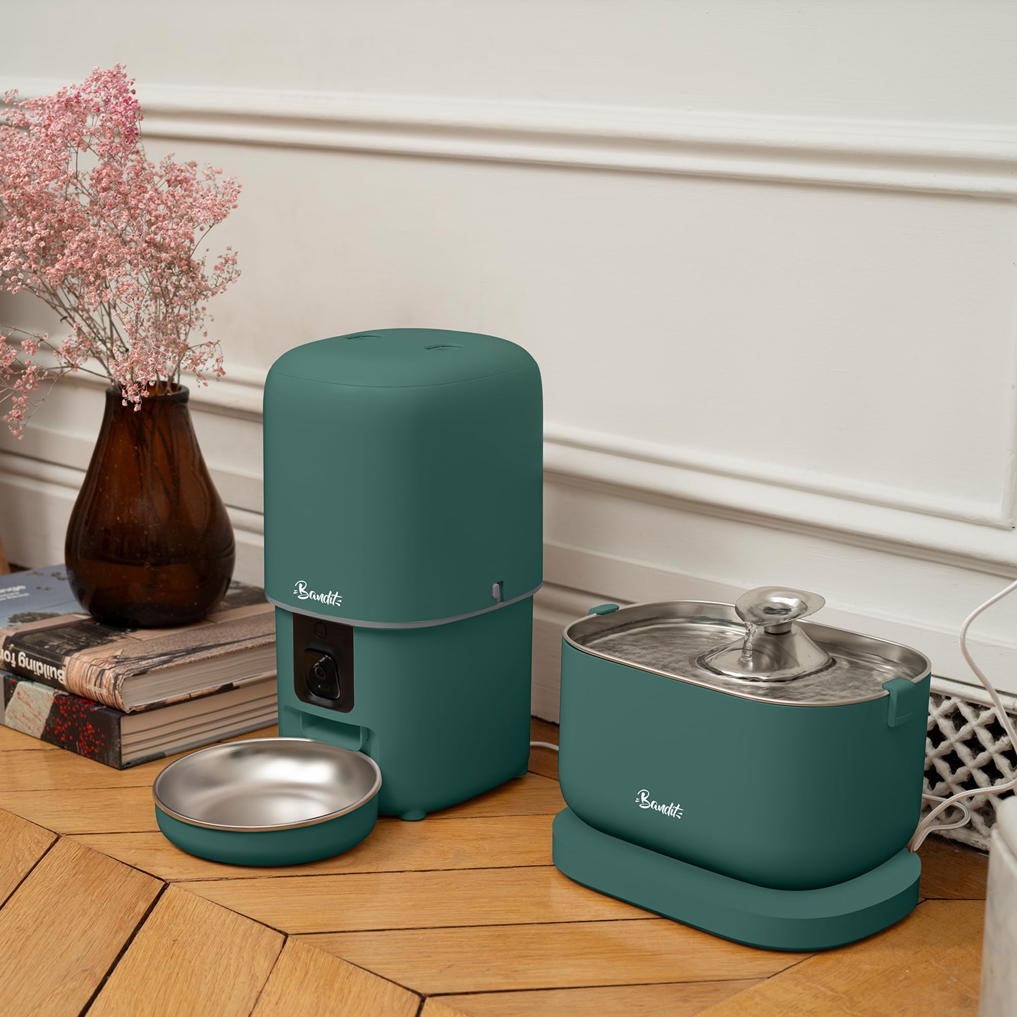 Bandit - Fontaine à Eau Filaire pour Chat 2,5L - Filtration 4 étapes - Ultra silencieuse inférieure 30dB - Acier Inoxydable - Plateau et Embout Compatibles Lave-Vaisselle - Vert