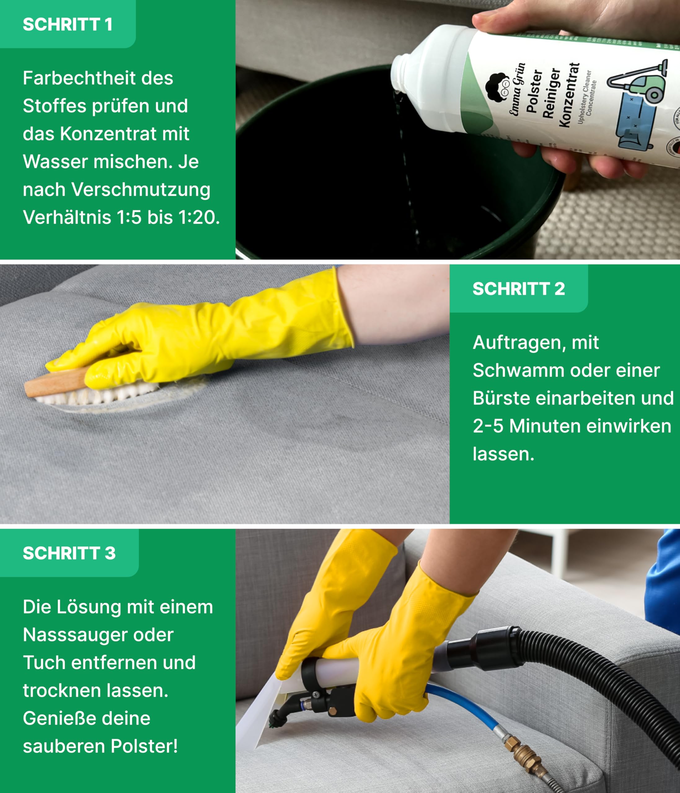 Emma Grün® Polsterreiniger Konzentrat für Sofa, Teppich, Matratze & Autositze 2x750ml – Reiniger für Nasssauger, Waschsauger & Teppichreiniger – Textilreiniger gegen hartnäckige Flecken & Gerüche Drogerie & Körperpflege