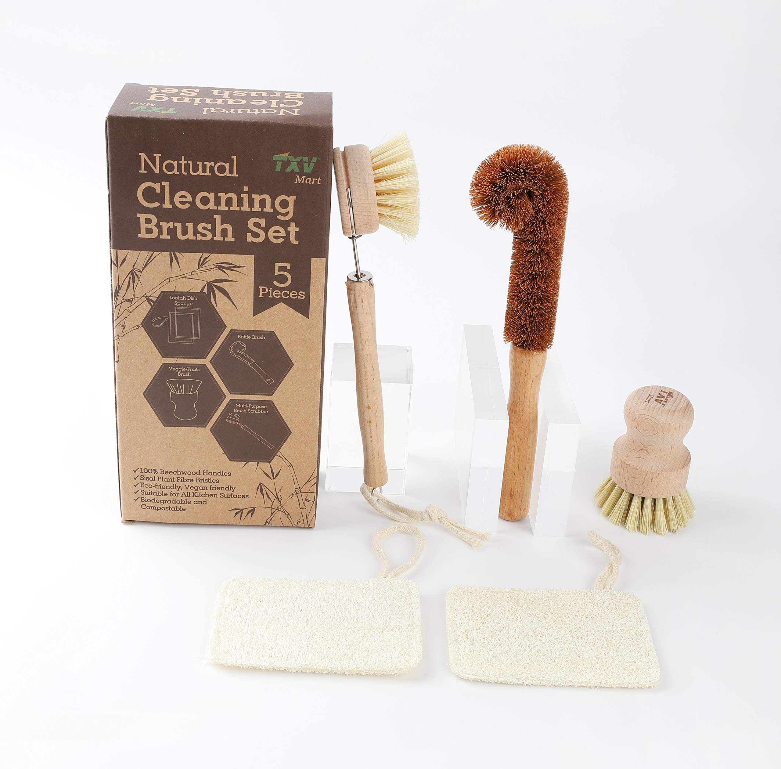 TXV Mart Eco-Friendly Natural Wooden Kitchen Cleaning Brush Set, 5 Piece, Wooden Dish Cleaning Brush Set, Loofah Dish Sponges, Dish and Bottle Scrubber Brushes