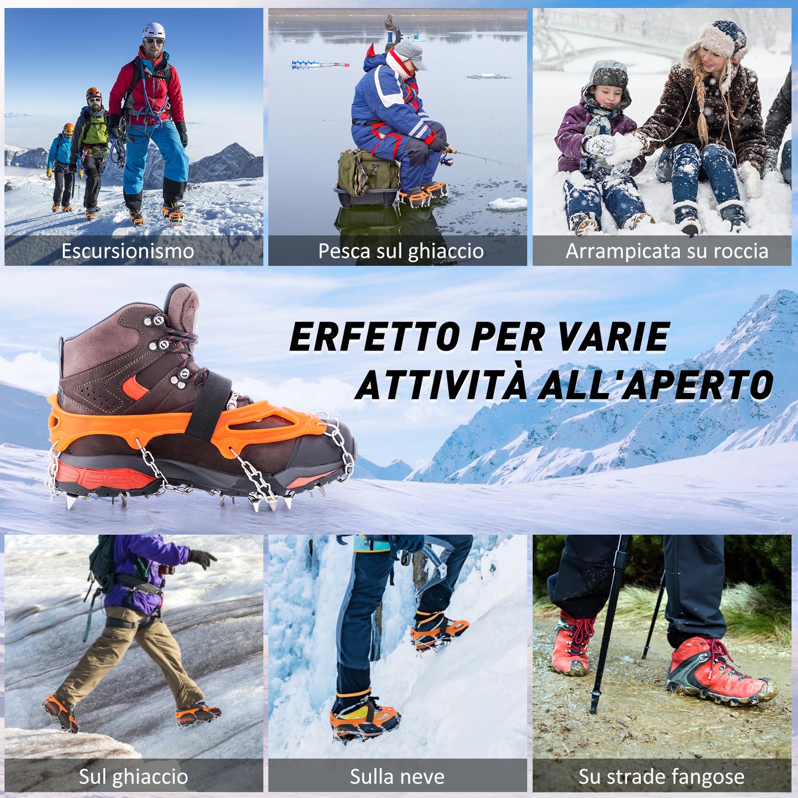 AGPTEK Ice Tacchetti 19 Denti, Ramponi da Ghiaccio per Scarpe Portabile Neve Ramponi per Donna e Uomo con Ottimo Grip per Passeggiate, Jogging o Escursioni Camping su Neve e Ghiaccio, Arancione, M