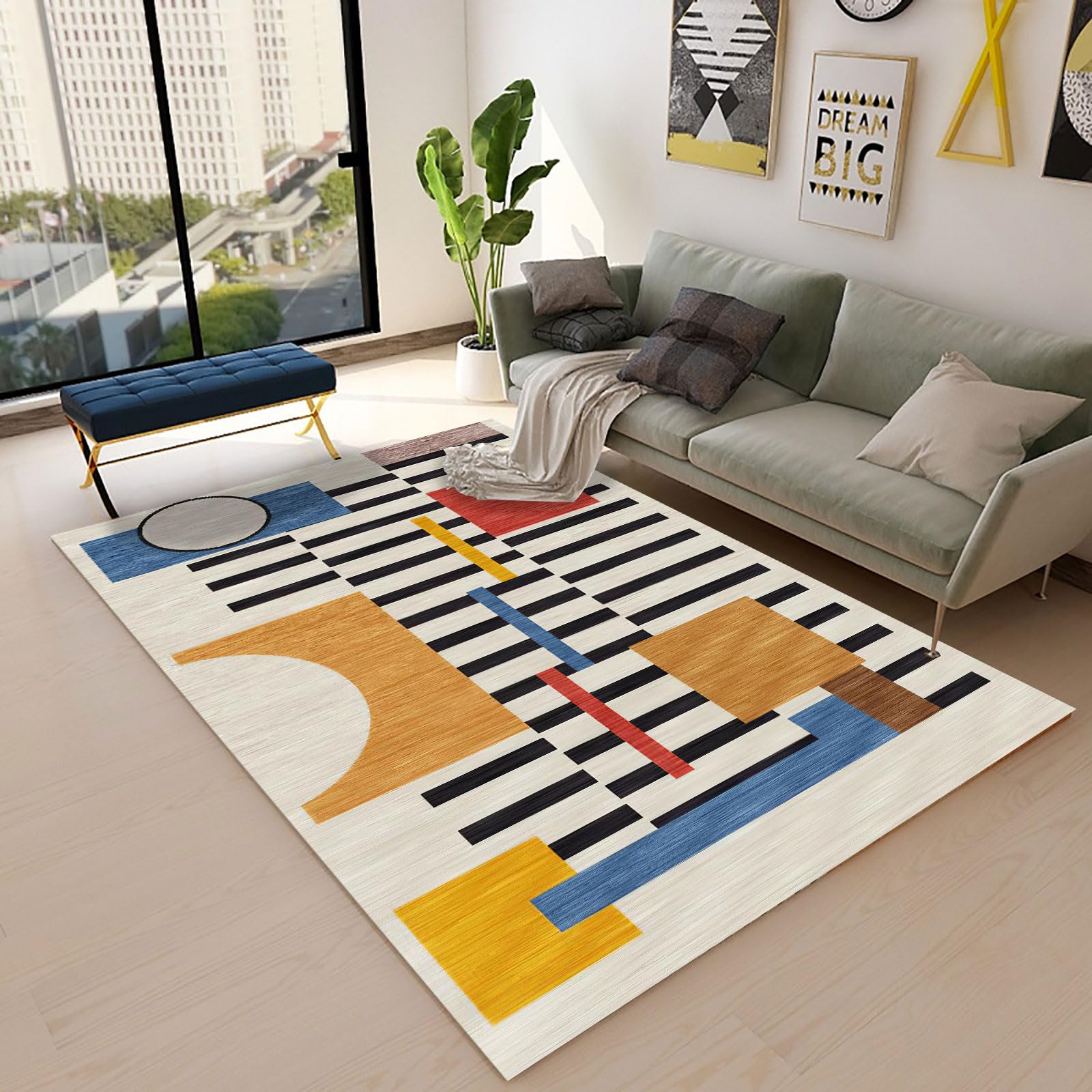 Dywanik o wymiarach 1,6 x 2 m, duży dywan, 160 x 200 cm, zmywalny, do salonu, estetyczny, akcesoria do sypialni, dywan, nowoczesny, geometryczny, niebieski