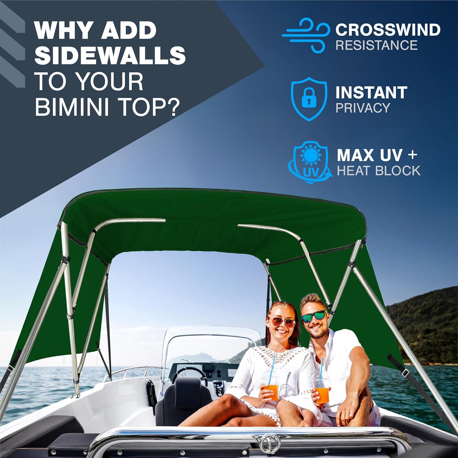 4 Bow Bimini Top Sidewalls for KNOX Bimini Tops for Boats, 900D Solid Canvas Side Blocks with Adjustable Straps, Stainless Steel Mounting Hardware, 80" L x 26" H, Hunter Green