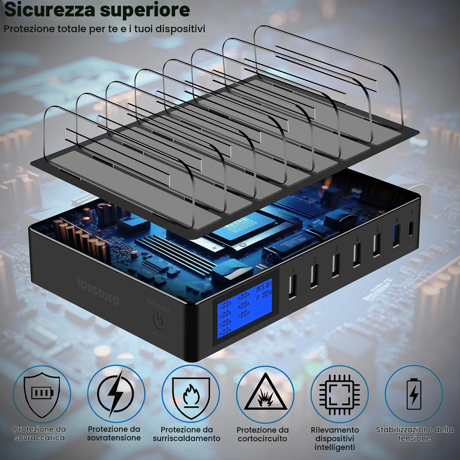 Stazione di ricarica rapida PD20W QC3.0 Multi porte USB, stazione di ricarica 7 in 1 per più dispositivi con display LCD compatibile per iPhone, iPad, Samsung, Huawei e altri (nero)