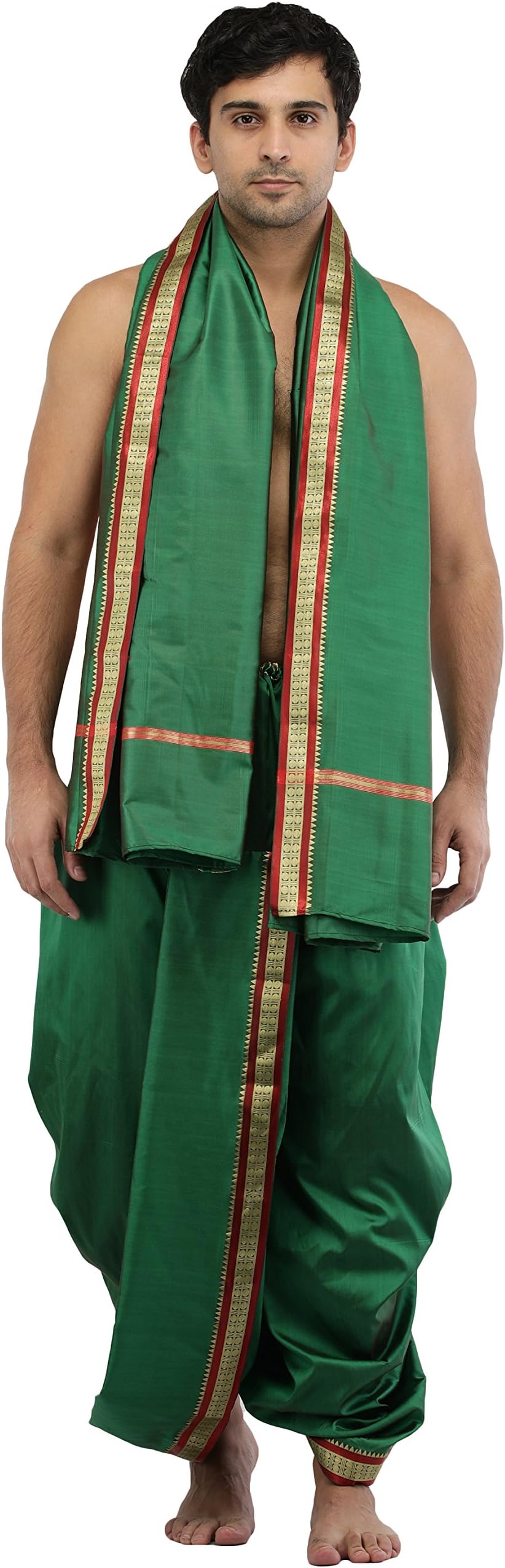 Exotic IndiaReady to Wear Dhoti and Angavastram Set with Woven Golden Border - Art Silk
