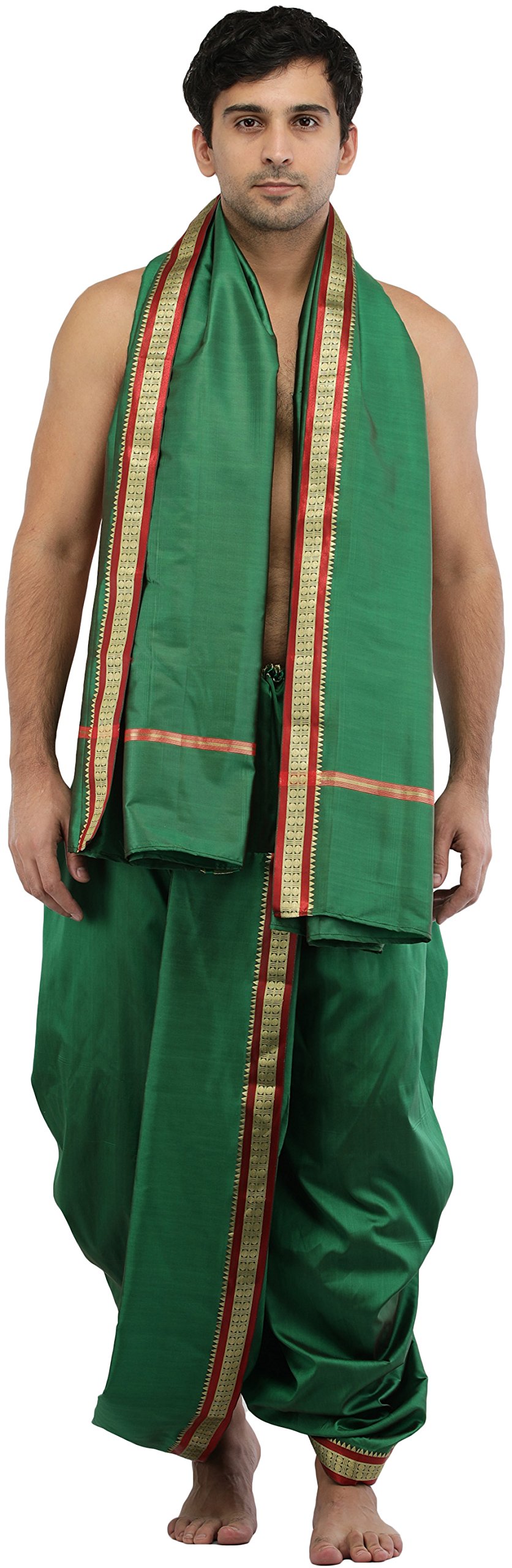 Exotic IndiaReady to Wear Dhoti and Angavastram Set with Woven Golden Border - Art Silk
