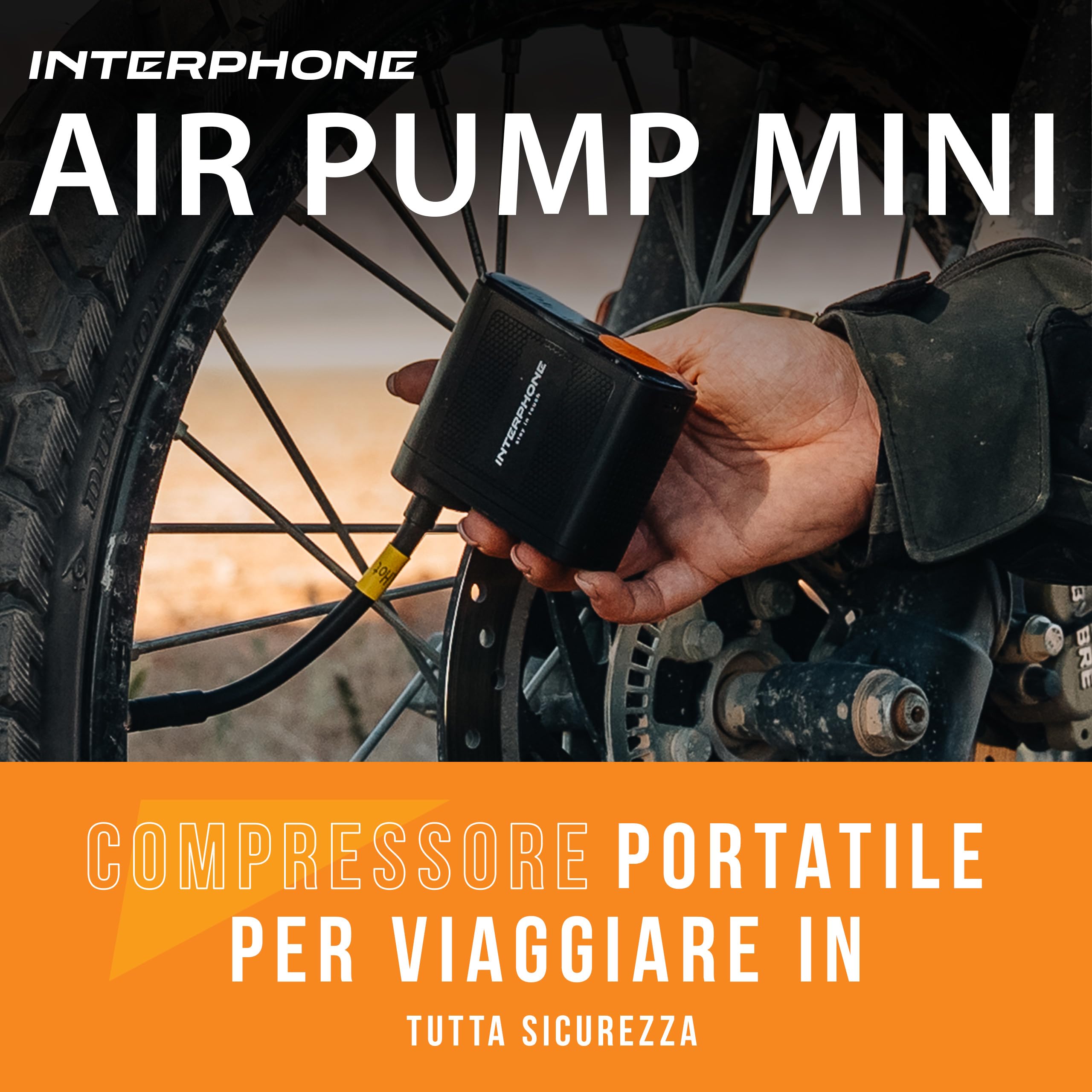INTERPHONE Air Pump Mini Compressore Portatile, Compressore Aria Portatile e Ricaricabile Che gonfia gomme Auto, Moto e Bici, Gonfia Fino a 4 Pneumatici in 4 min a Gomma, Oltre 6 Mesi di Stand-by