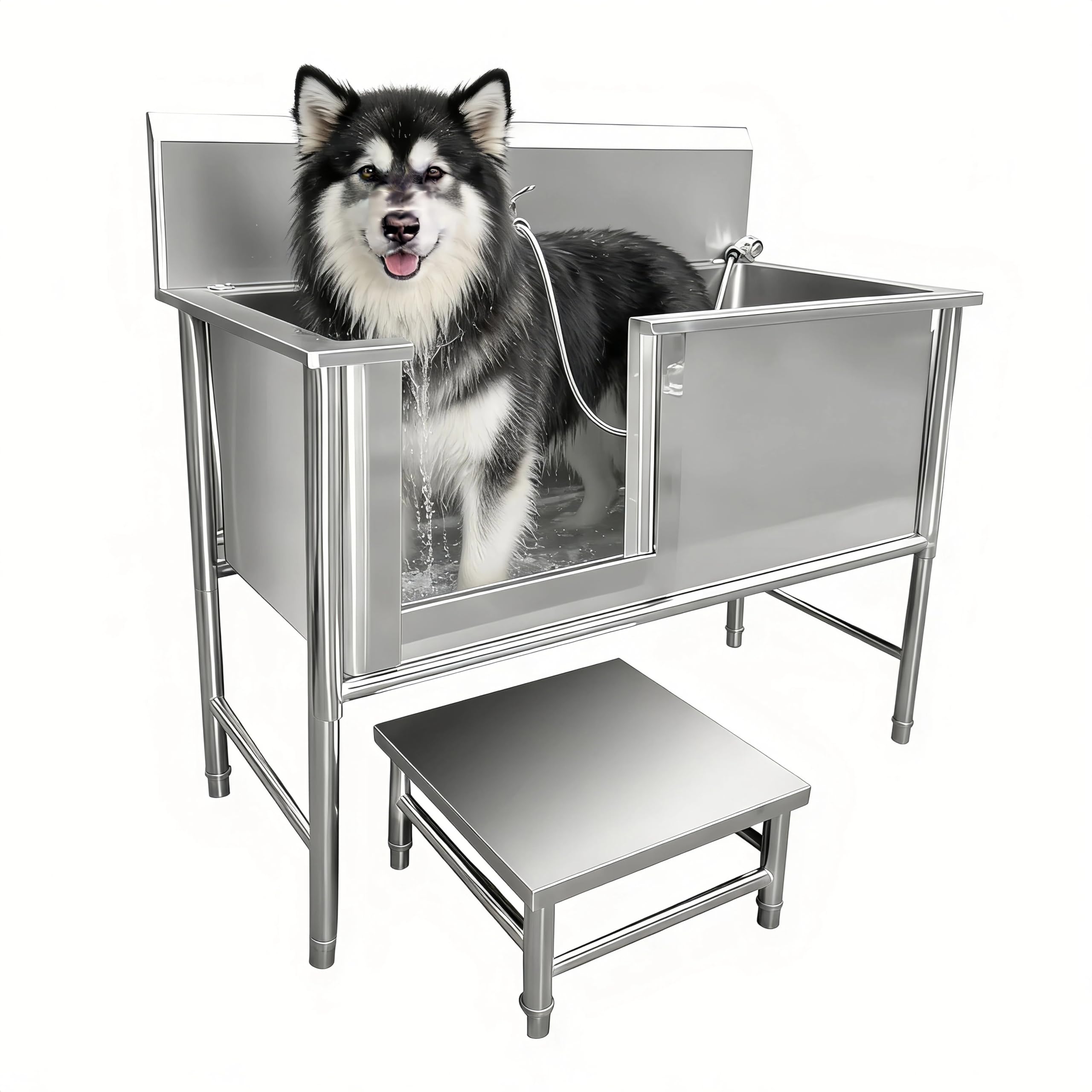 Vasca da Bagno per Cani in Acciaio Inox 304, Vasca Toelettatura Professionale con Pedana di accesso e Porta Scorrevole, Stazione Lavaggio Cani Antiscivolo con Miscelatore fino a 100 kg (47.24in)