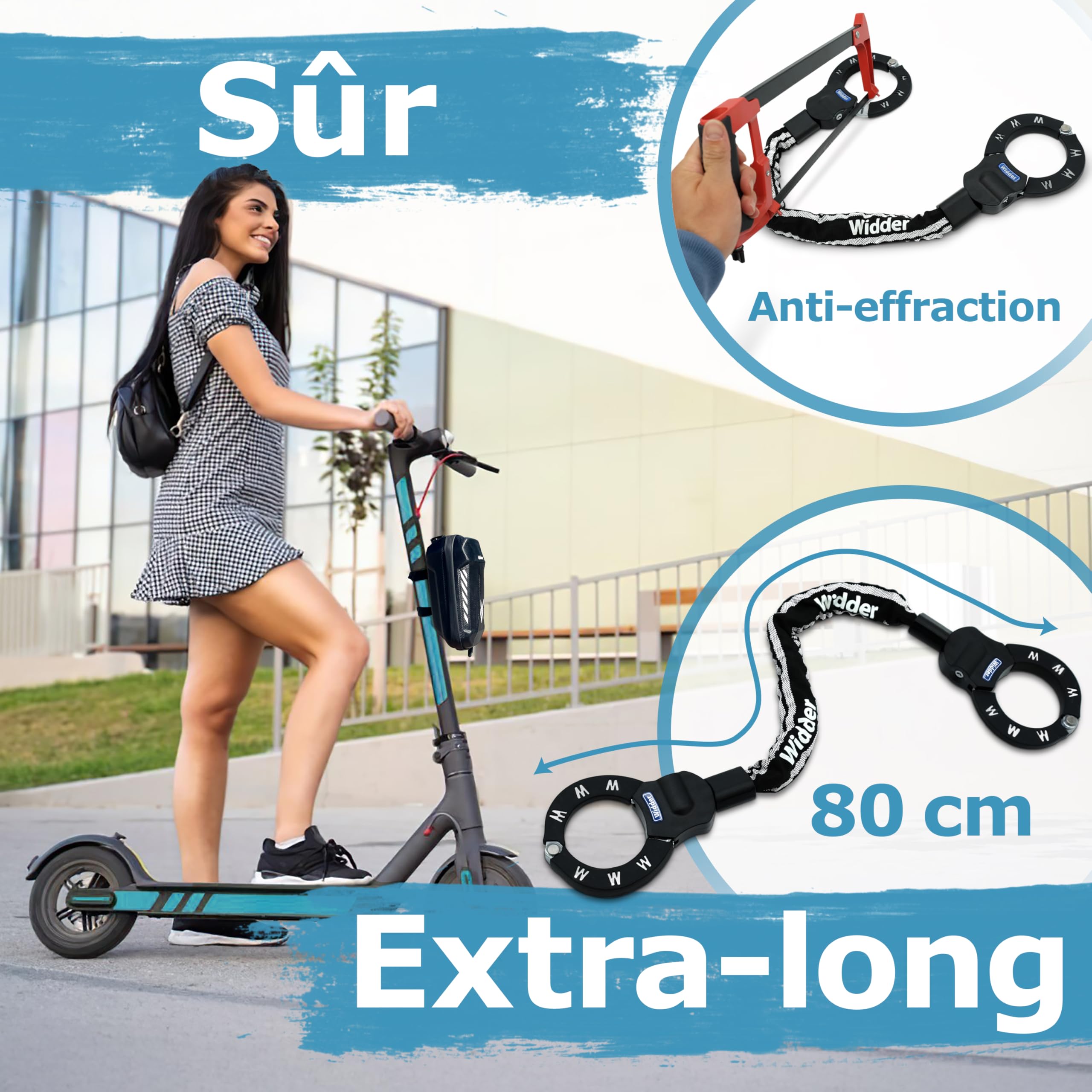 WIDDER Antivol à menottes sécurisé – 80 cm, 4 clés, acier massif 8 mm | Antivols pour e‑trottinette avec sac – Antivol à menottes pour e‑trottinette & vélo – Anti vol velo haute sécurité