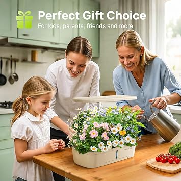 SUNCOZE Hydroponics Growing System Kit 12 Pods, Indoor herb Garden with 20W LED Grow Light, Visible Water Tank with Pump, 2.2-12.4 Adjustable Height Indoor Gardening System, Gardening Gifts, Beige
