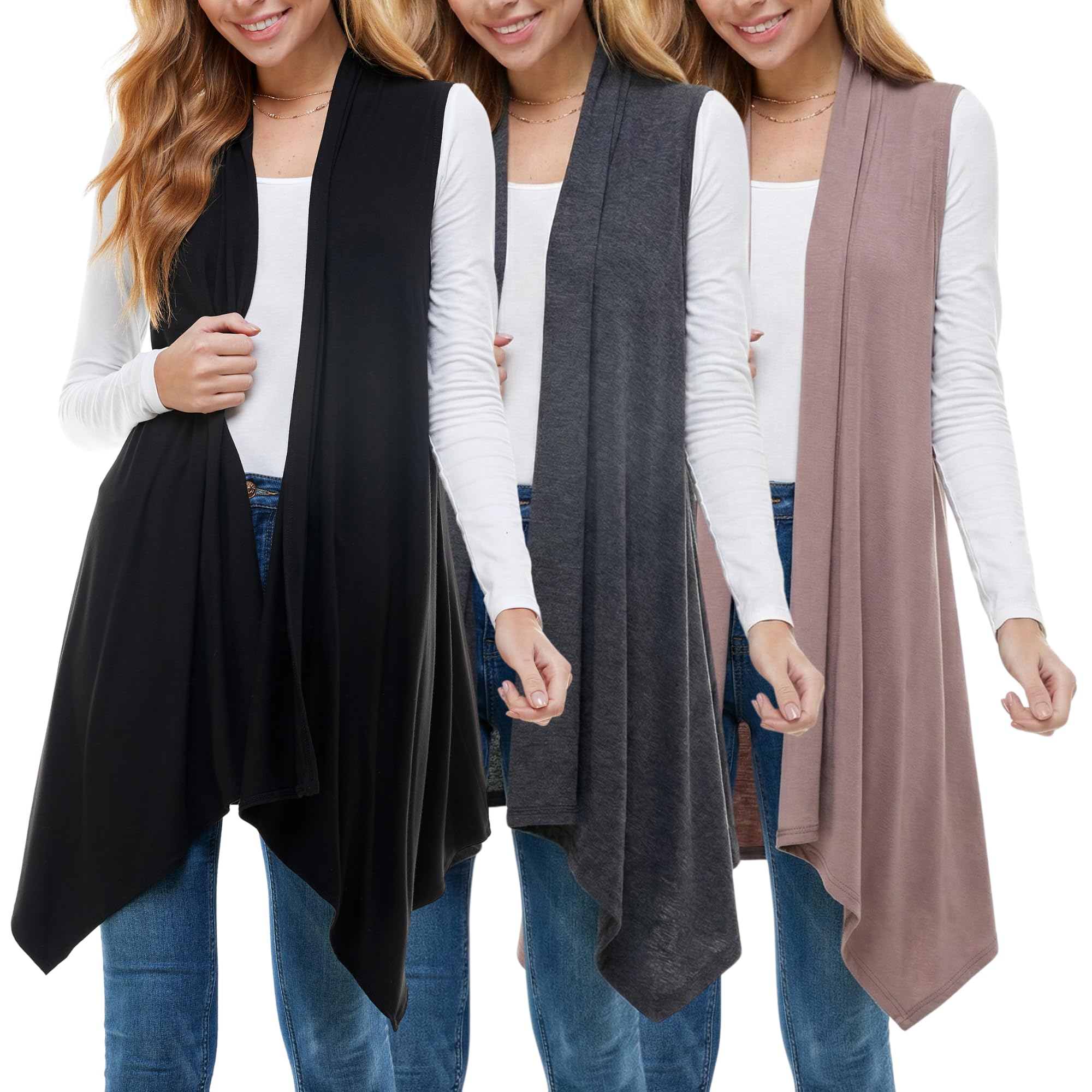 Azules Sleeveless Cardigan for Women, Soft Lightweight Duster Open Front Sleeveless Long Cardigan Vest (3 Pack)