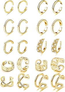 10Pairs Ear Cuffs for Women Men 18K Gold Plated Non Piercing Helix Clip On Earrings Ear Cartilage Wrap Stainless Steel Fake Earrings Cuffs Fake Gold Piercing Earrings Adjustable Silver Ear Cuff
