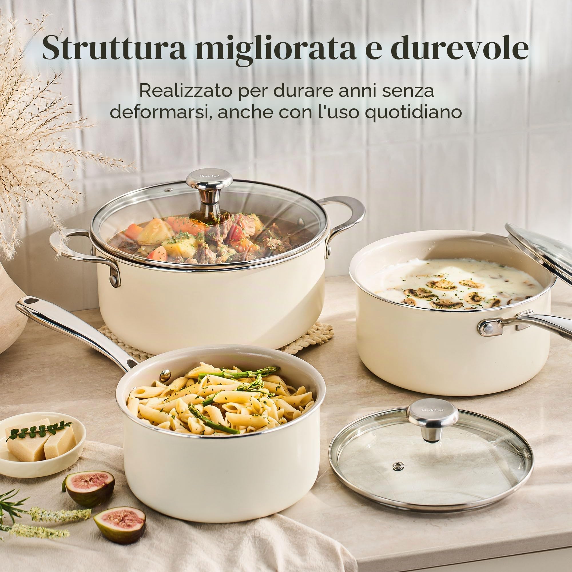 Redchef Set di pentole in ceramica 6 pezzi, compatibile induzione con coperchi in vetro, pentola 24 cm, casseruole 18/20 cm, adatto a tutti i piani cottura e forno, colore Beige