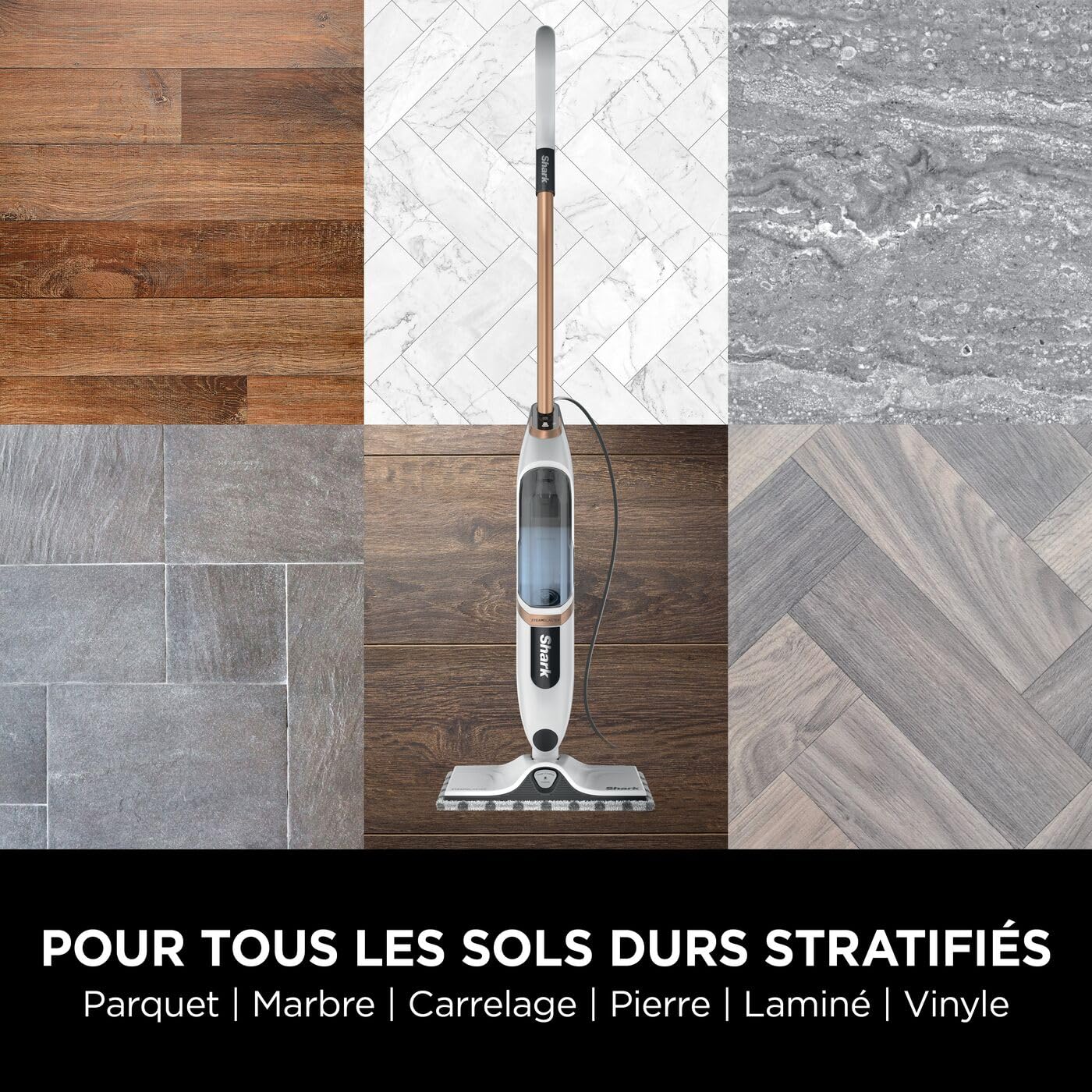 Shark SteamSpot avec technologie Steam Blaster pour sols durs, Balai vapeur léger, Sans produit chimique, Réservoir d’eau amovible, 2 tampons Dirt Grip lavables en machine, Blanc et Cuivre S2001EU