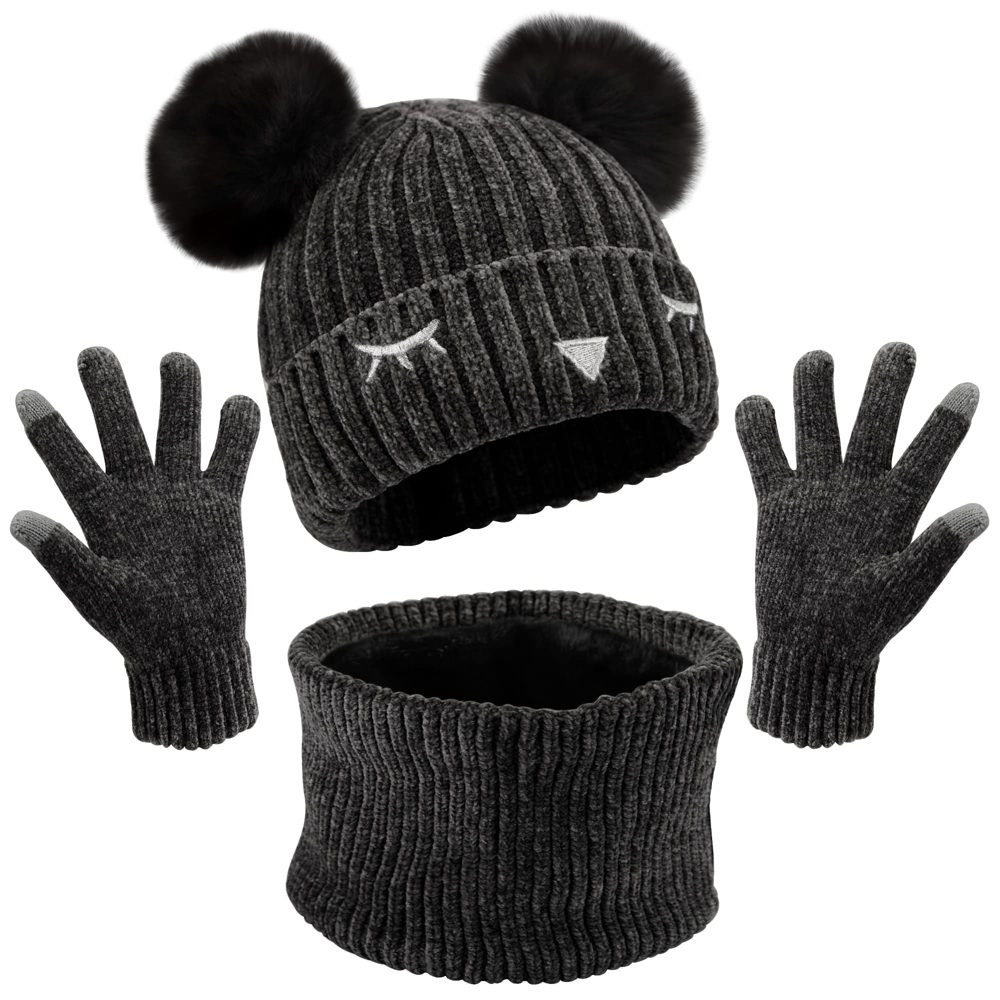 MAYLISACC Gorro Guantes y Bufanda Niño, Gorro Invierno Niña de Chenille Bello Braga de Cuello con Forro Polar y Guantes Tactiles Movil de Alta Elasticidad para 5-10 Años