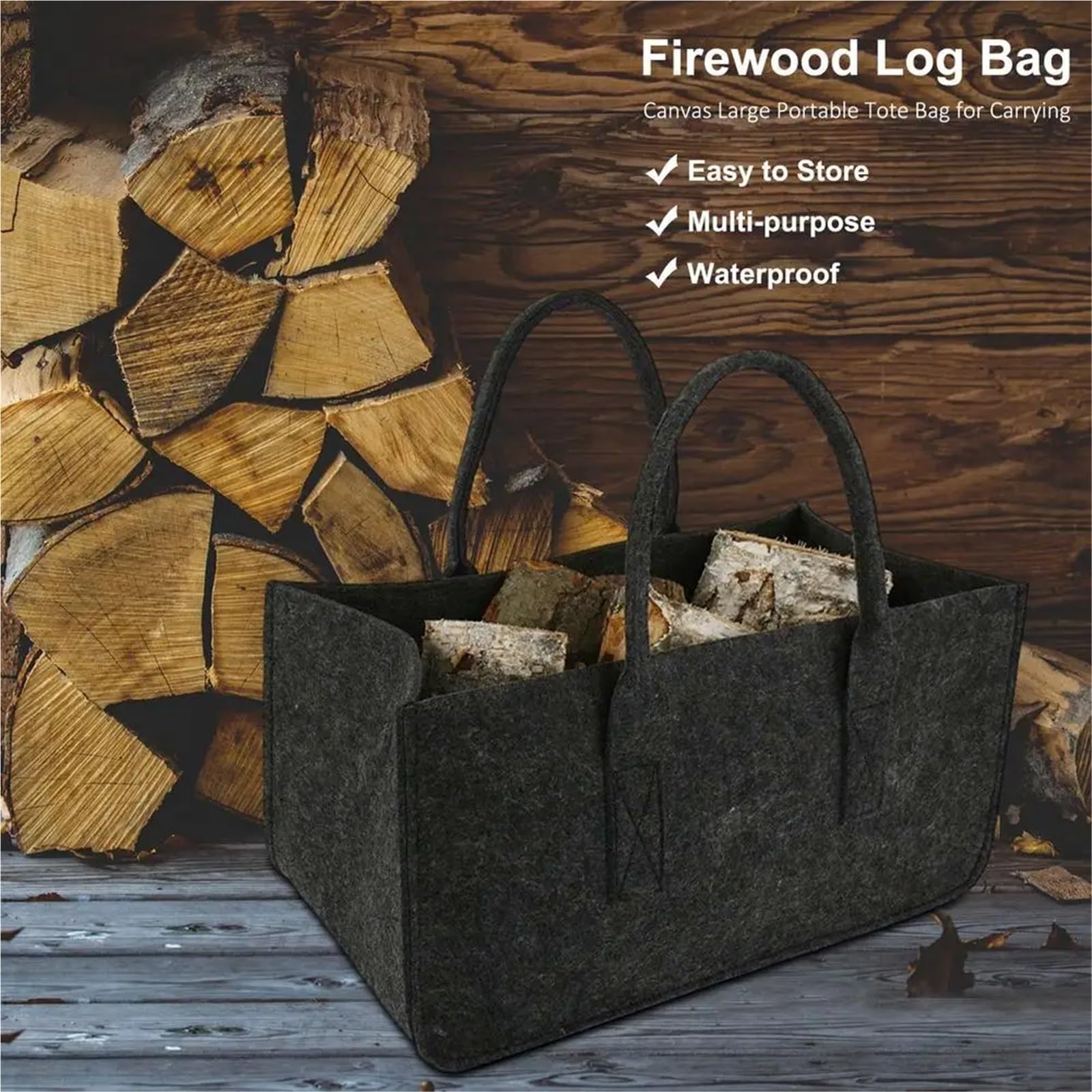 Holztragetasche for Brennholz, Filz, Brennholzkorb, Holztasche, Träger mit Tragegriffen, rechteckige Kaminholztasche FüR Brennholz