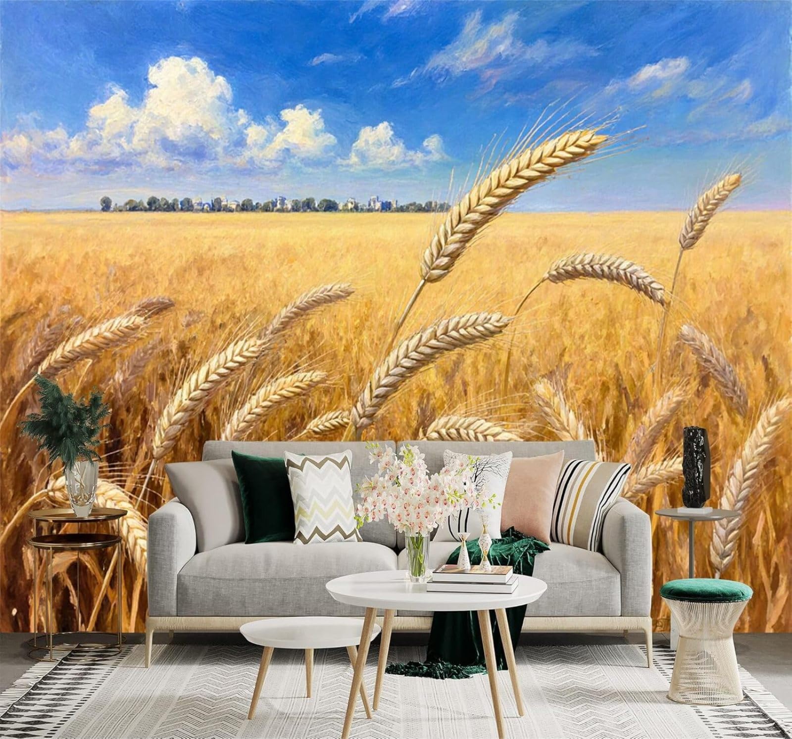 XLMING Three Dimensional Golden Wheat Field Blue Sky White Clouds Landscape 3D Wallpaper Silky Texture Home Study Office Grey Dining Room Sofa Bedroom Living Room TV Backdrop-400cm×280cm