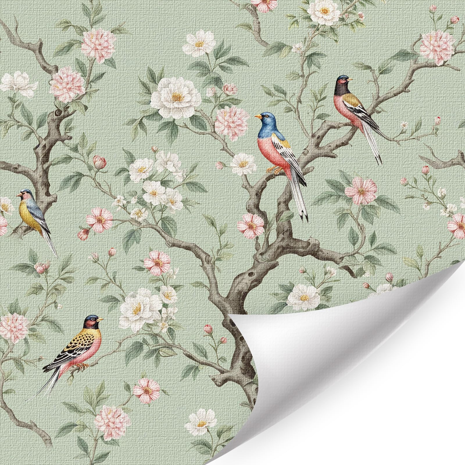 TOARTi Watercolor Green Floral Wallpaper Pink Flowers Peel and Stick Self Adhesive Birds Wall Stickers Plants Wallpaper for Bathroom Bedroom Living Room Nursery Home Decor 44x300cm โ image 1