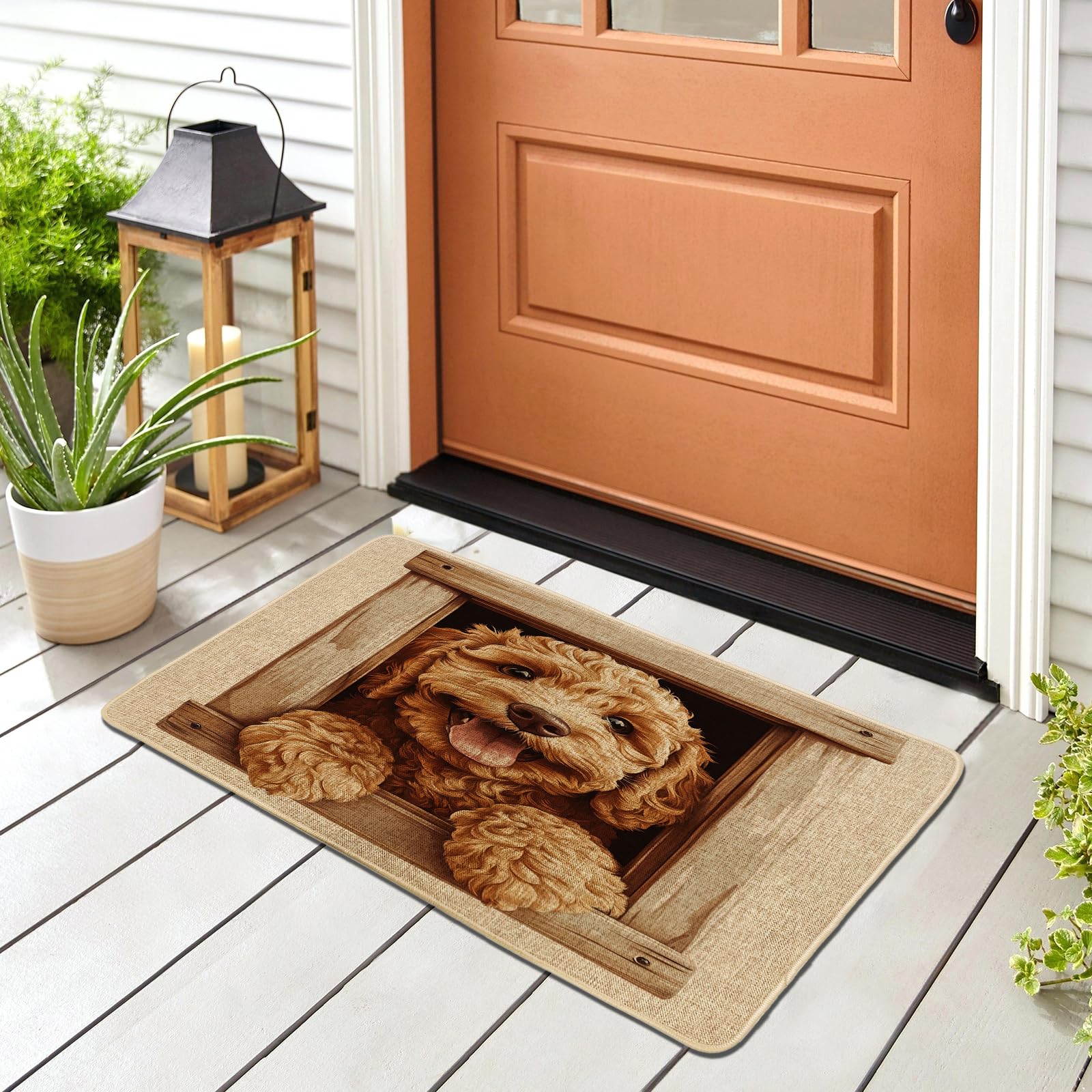Cute Cockapoo Dog Front Black Door Mat Outside Inside Entrance 29 * 17, Funny Fun Window Outdoor Indoor Washable Doormat, Small Puppy Shoes Off Doormat for Patio Interior Garage
