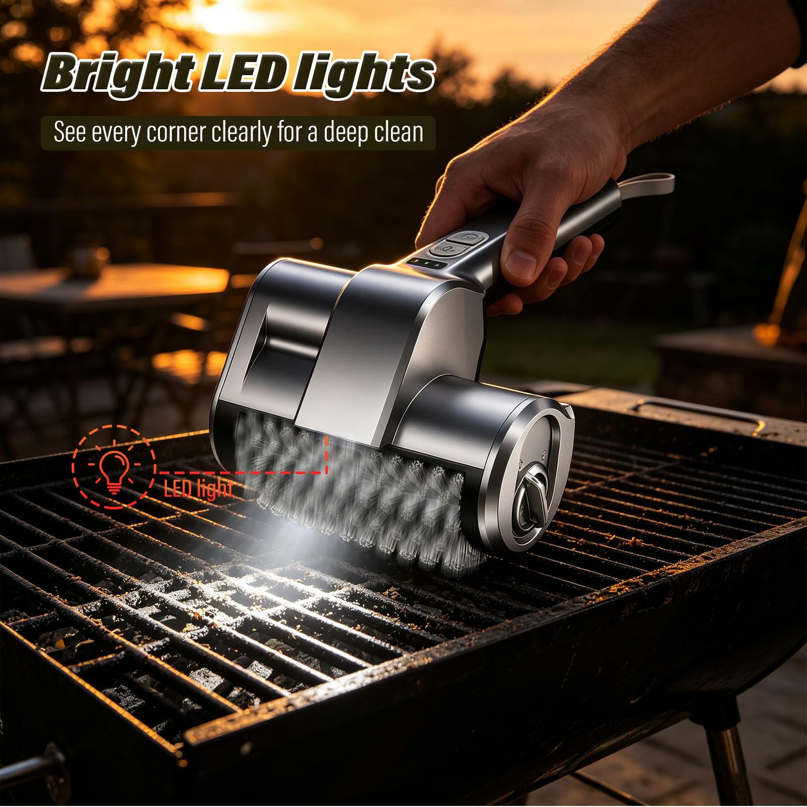 Limpiador De Parrilla Electrico,Electric Grill Brush,Modo De Limpieza De 2 Velocidades, Modo De Iluminación Led, Viene con 3 Cabezales De Cepillo De Diferentes Materiales, Adecuado para Parrillas