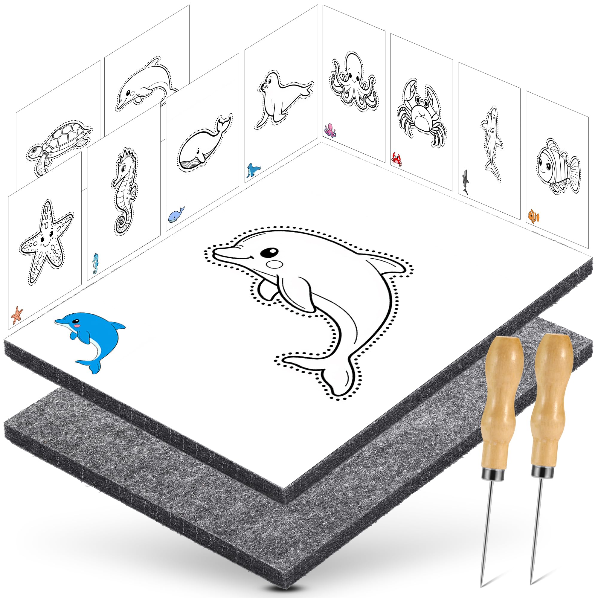 DazSpirit Prickelnadel Set Kinder, Komplettes Prickelset Kinder ab 4 mit 2 Prickelfilz, 2 Prickelnadel & 10 Stickbilder, Entwickelt für Kleine Hände,Prickeln Kit für Kreative Projekte(Unter dem Meer)