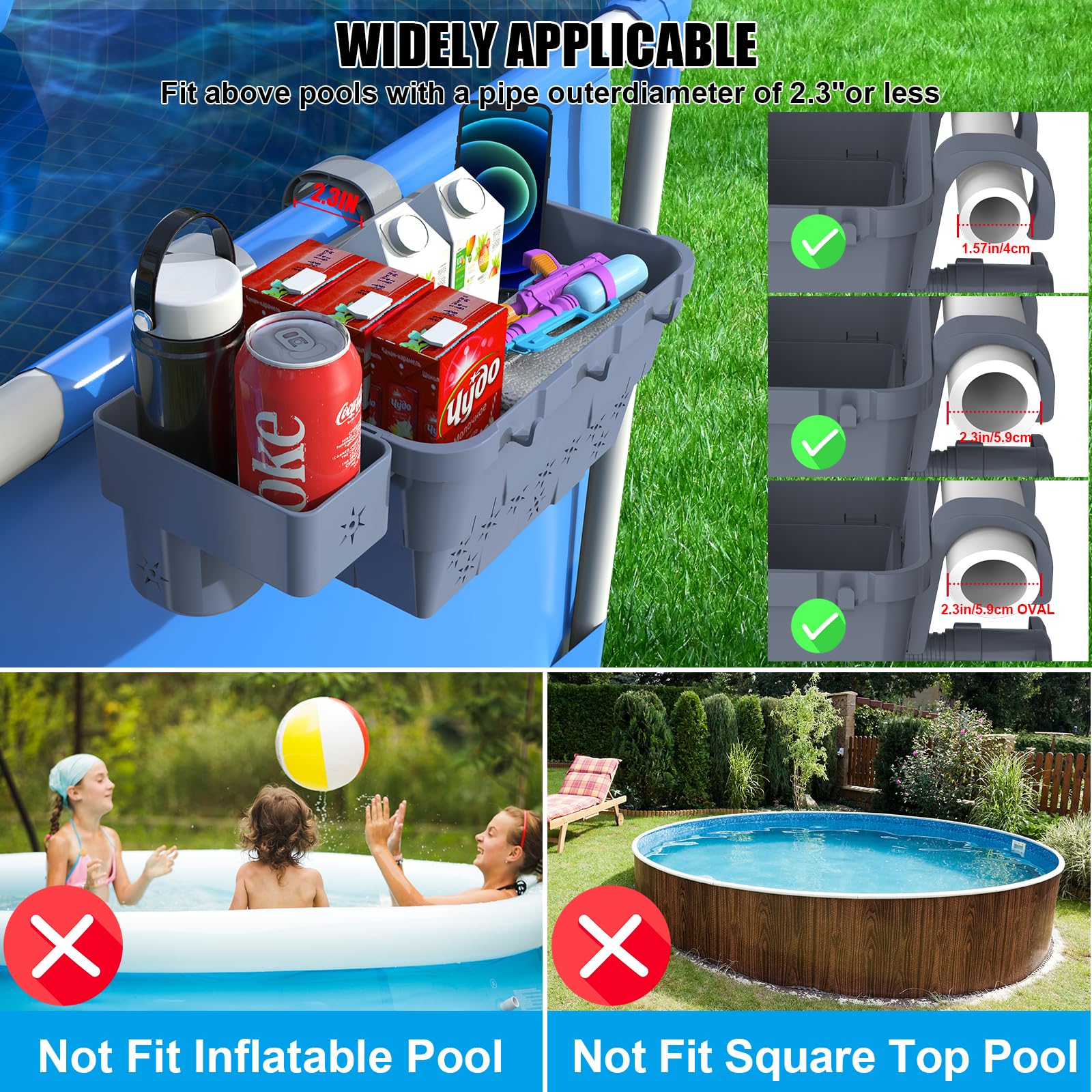 hyhenlil 2 pcs Poolside Storage Baskets (Gray), Above Ground Pool Storage Baskets with Adjustable Top Bars, Pool Toy Baskets/All-In-One Organizer for Most Framed Pools
