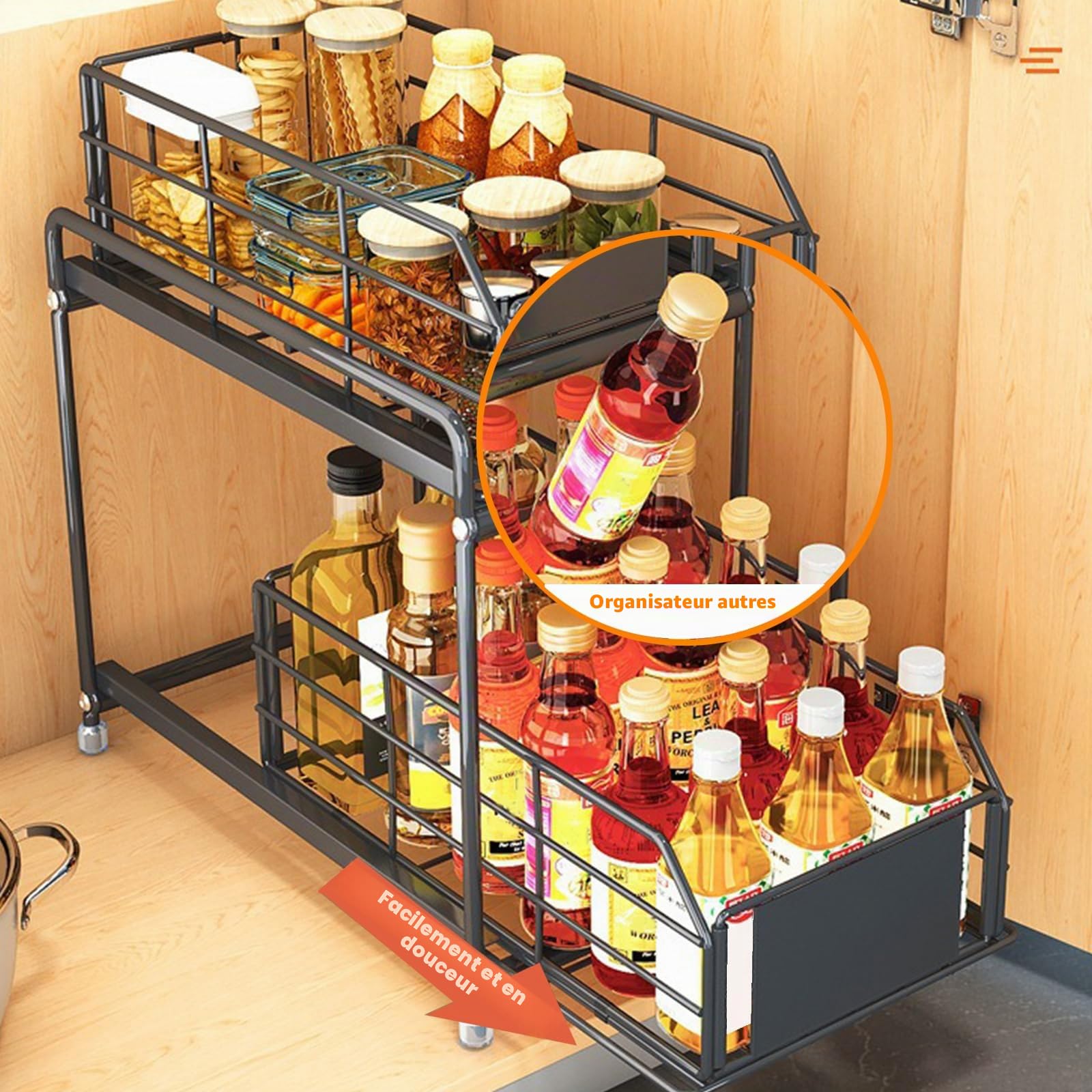 SOONHUA Rangement sous Évier, 2 Niveaux Coulissant Organisateur Sous Evier, Rangement Produits Menagers pour Cuisine, Salle de Bain, Garde-Manger, Armoire de Rangement