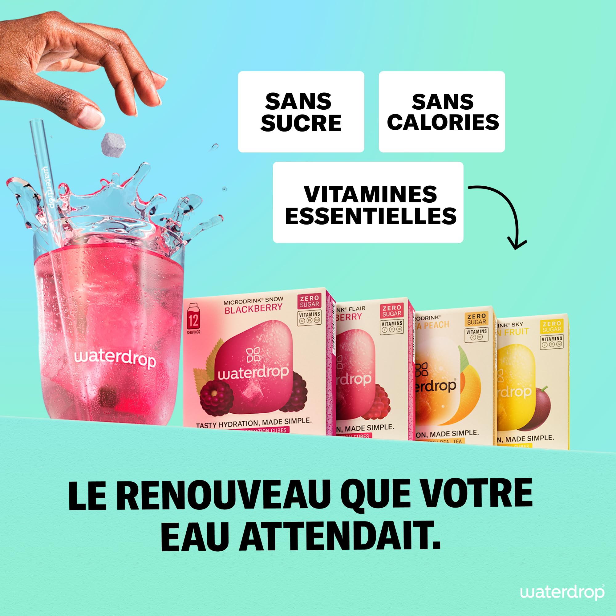 waterdrop® Coffret Microdrink | 48 waterdrop boisson en cube effervescente en 4 saveurs | Extraits naturels de fruits et de plantes | Avec vitamines | Boisson sans sucre | Eau aromatisée en pastille