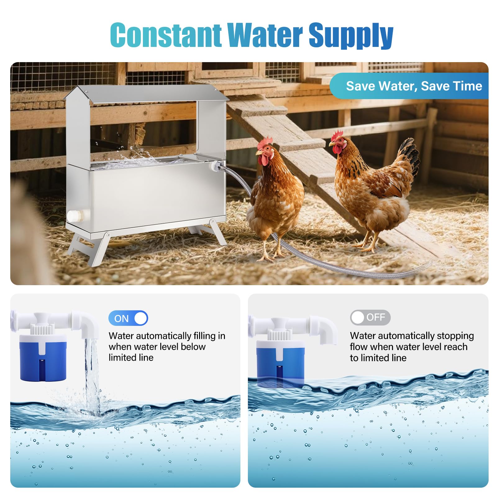 Bebedero automático para pollos de acero inoxidable 9L, dispensador automático de agua para pollos, pato, ganso, pavo, paloma, codorniz, con válvula de flotador y manguera de agua de 150 cm