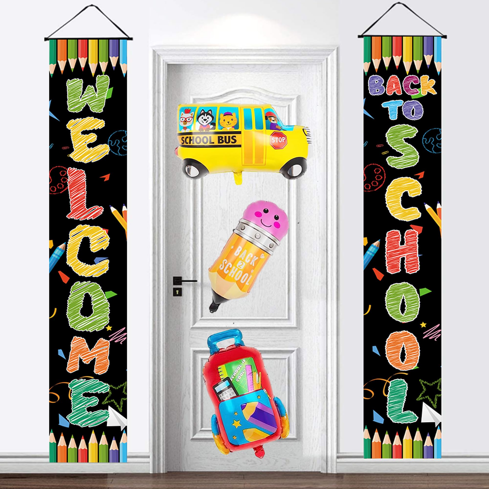 Back to School Banner Welcome Banner for First Day of School Welcome With 3 pcs Shaped Foil Balloons, Ready to Learn Classroom Party Supplies Photography Background Poster Bulletin Board Flag Photo