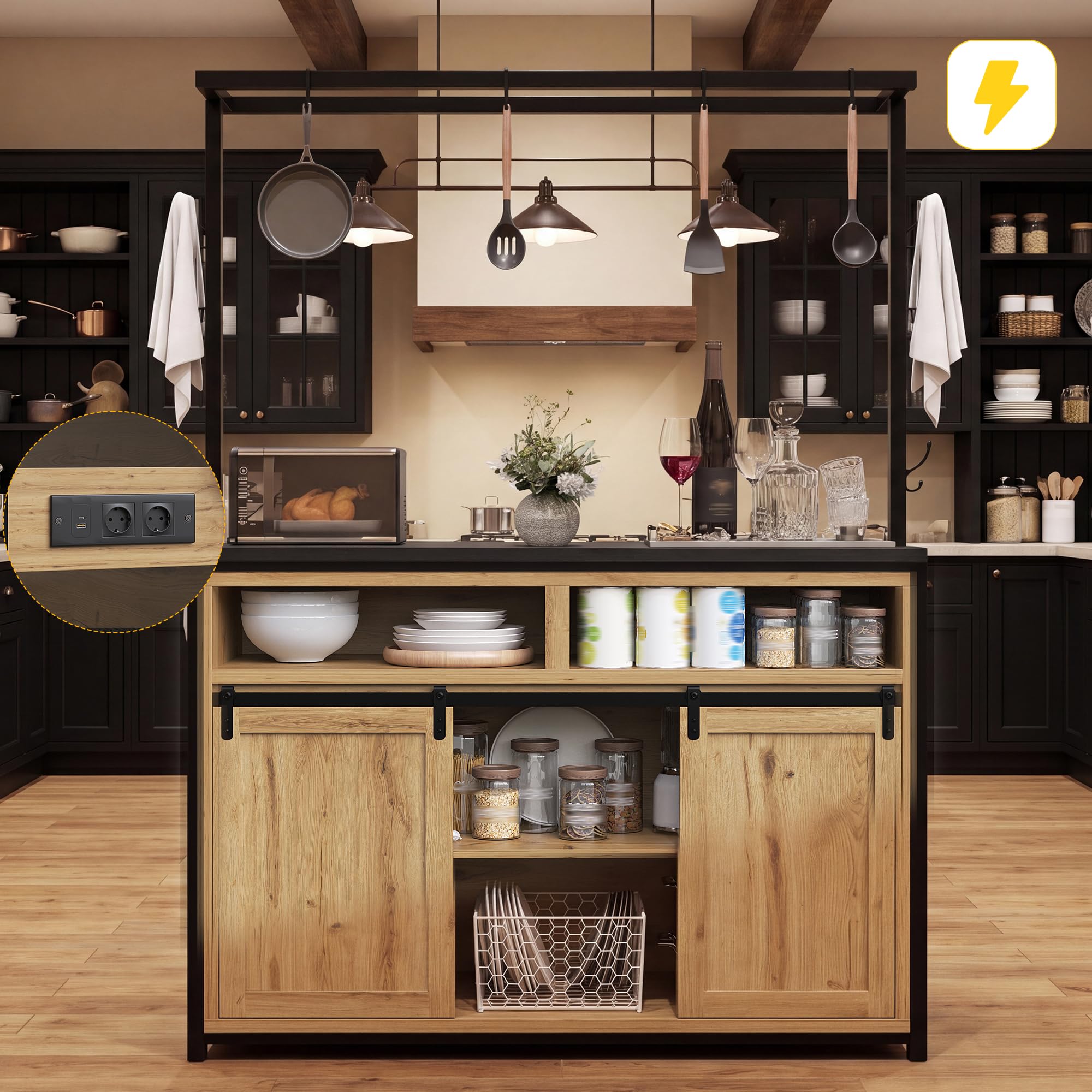 Küchenschrank mit Arbeitsplatte & Stromanschluss, 183cm hoher Kücheninselschrank mit Hängeregal, Holzoptik/Schwarz, für Küche & Esszimmer (Holzoptik)