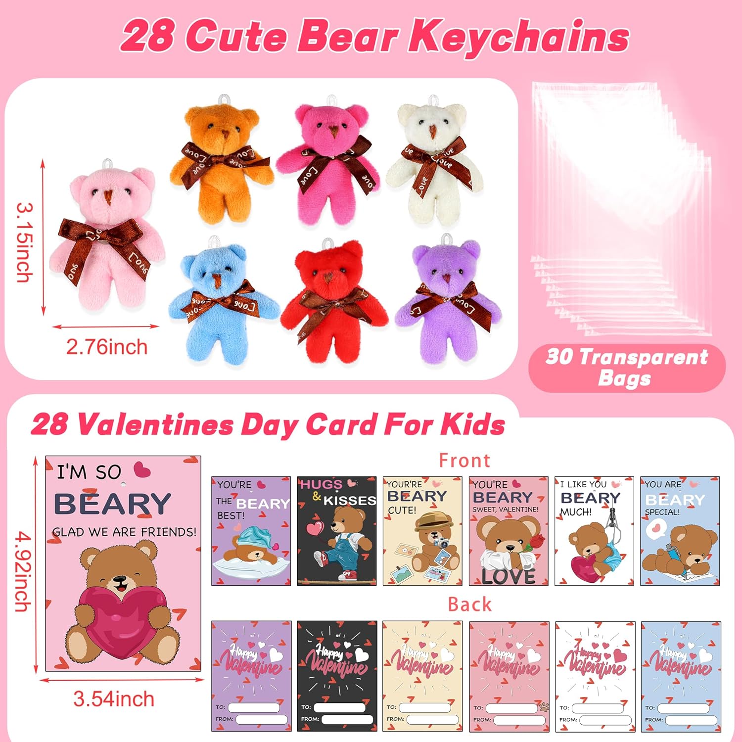 28 Pack Valentiens Day Gifts for Kids School Valentines Day Cards with Mini Bear Plush Toy Keychains, Valentines for Kids Classroom Valentines Exchange Gifts Class Valentines Party Favors for Boy Girl - Image 2